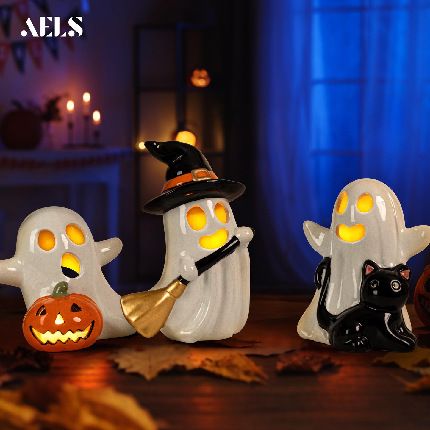 AELS Halloween Pumpkin Tealight Holders – Set of 3 Ceramic Jack O' Lantern Candle Holders with Ghosts, Spooky Sculptures Ghost Figurines, Indoor Tabletop Decorations for Holiday Party Home