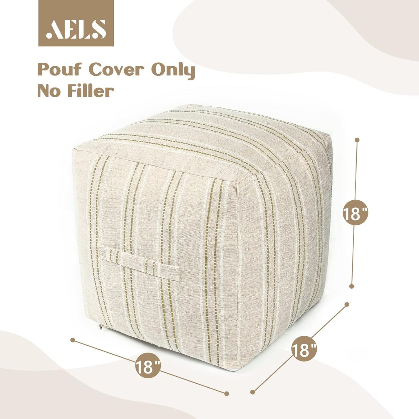 AELS Unstuffed Farmhouse Pouf Cover for Living Room, Storage Bean Bag Cubes, Off Beige & Light Brown Stripes Linen Square Ottoman Pouf Foot Rest Footstool, 18"x18"x18", Cover ONLY