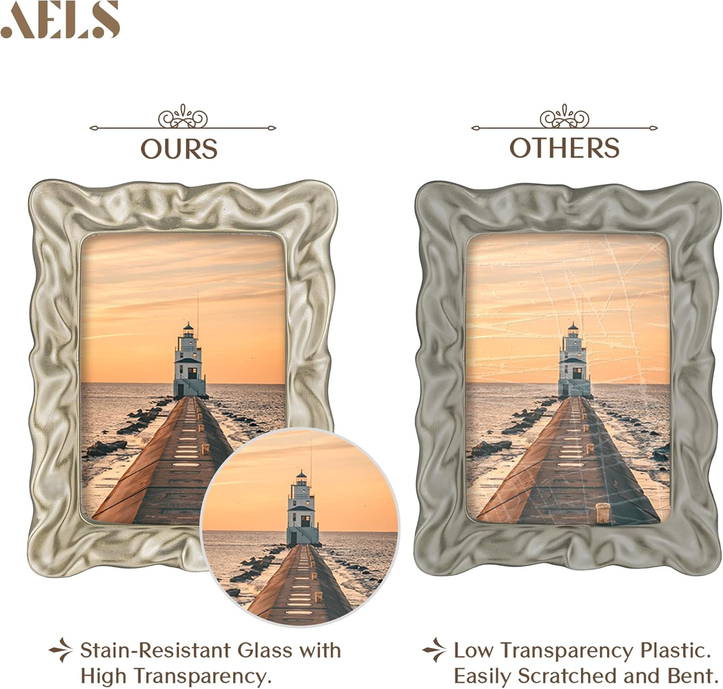 AELS 5x7 Inch Satin Nickel Ruffled Textured Scalloped Picture Frame, Wavy Organic Modern Mid Century Modern Antique Photo Frame with Glass Front, Tabletop Wall Hanging, Gift Ideas