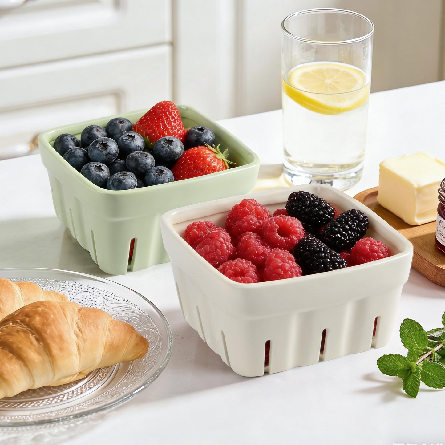 AELS Ceramic Berry Basket, 5.9" Container for Fruit & Vegetables, Farmhouse Fruit Bowl, Strawberry Decor, Farmers Market, Stoneware Harvest Bowls for Kitchen, Cream White and Matcha Latte Green