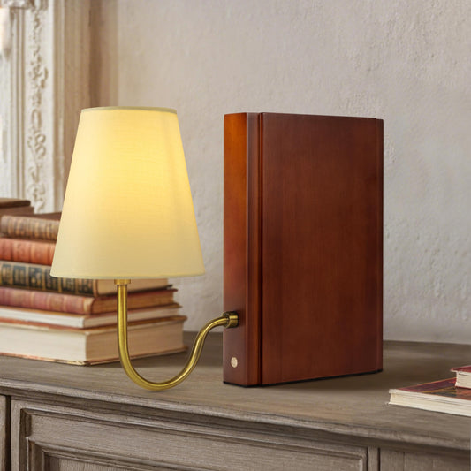 AELS Wooden Bookshelf Lamp with Bulb, Cordless Touch Dimmable Table Lamp with Linen Fabric Shade, Battery Operated, Modern Decorative Bookend, Book Sconce for Office Home Bedroom Bookshelf, Dark Brown