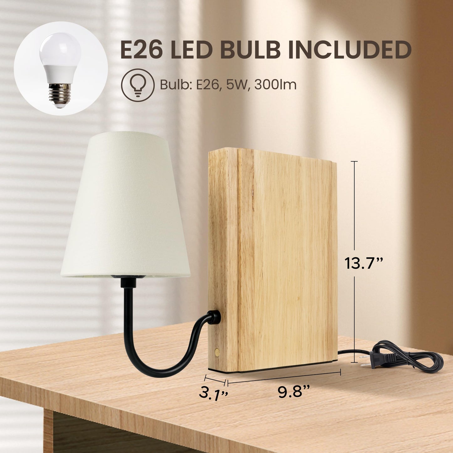 AELS Wooden Bookshelf Lamp with Bulb, Cordless Touch Dimmable Table Lamp with Linen Fabric Shade, Battery Operated, Modern Decorative Bookend, Book Sconce for Office Home Bedroom Bookshelf, Dark Brown