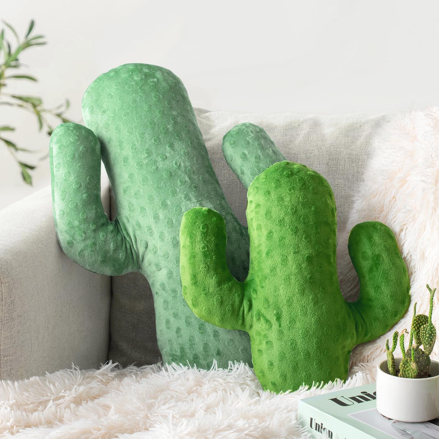 AELS Set of 2 Cactus Decorative Throw Pillows, 22"&14" Corduroy Striped Cactus Plush Pillow Set, Office Nap Pillow, Cute Succulent Throw Pillow for Nursery Bedroom Room Decor, Blue Green & Grass Green