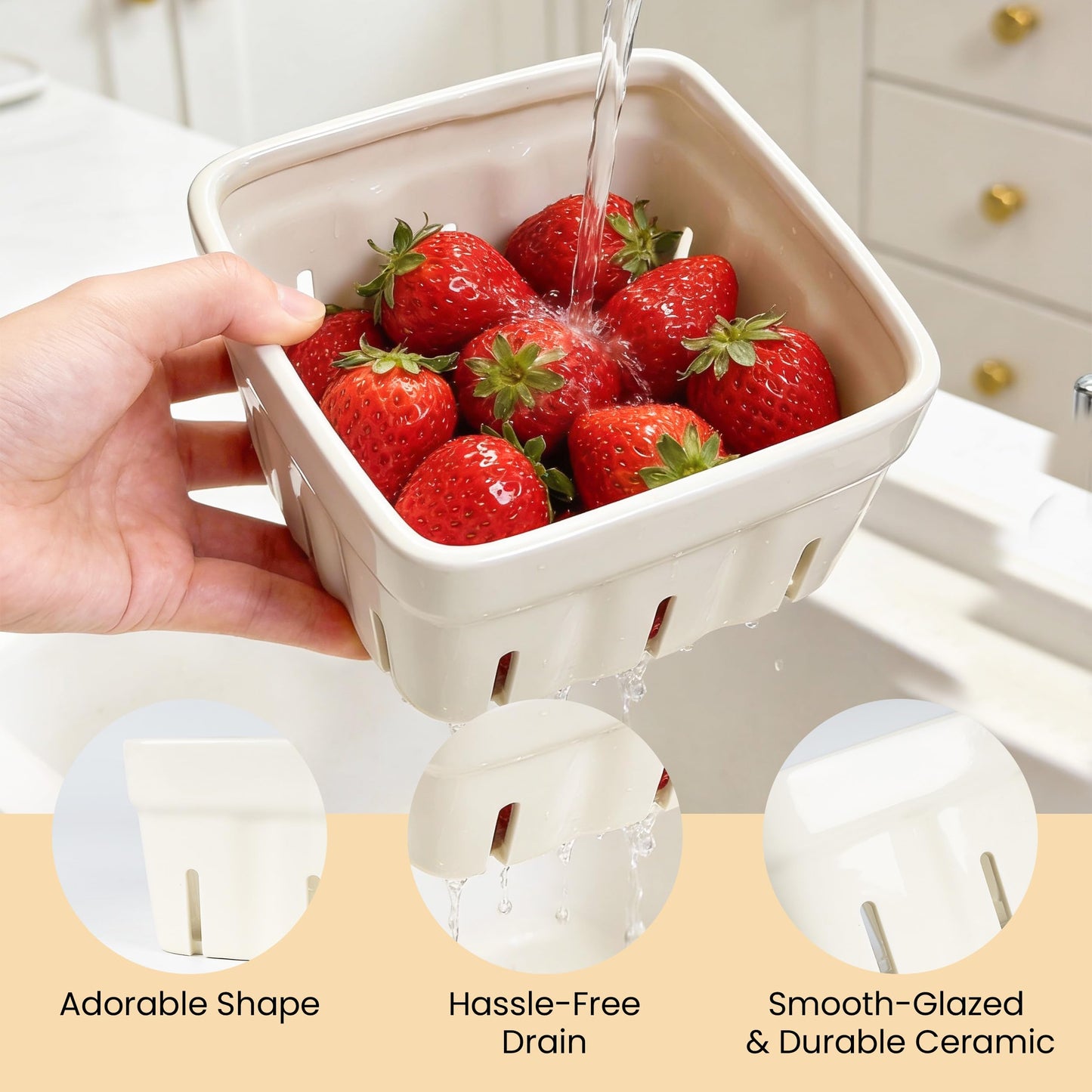 AELS Ceramic Berry Basket, 5.9" Container for Fruit & Vegetables, Farmhouse Fruit Bowl, Strawberry Decor, Farmers Market, Stoneware Harvest Bowls for Kitchen, Cream White and Matcha Latte Green