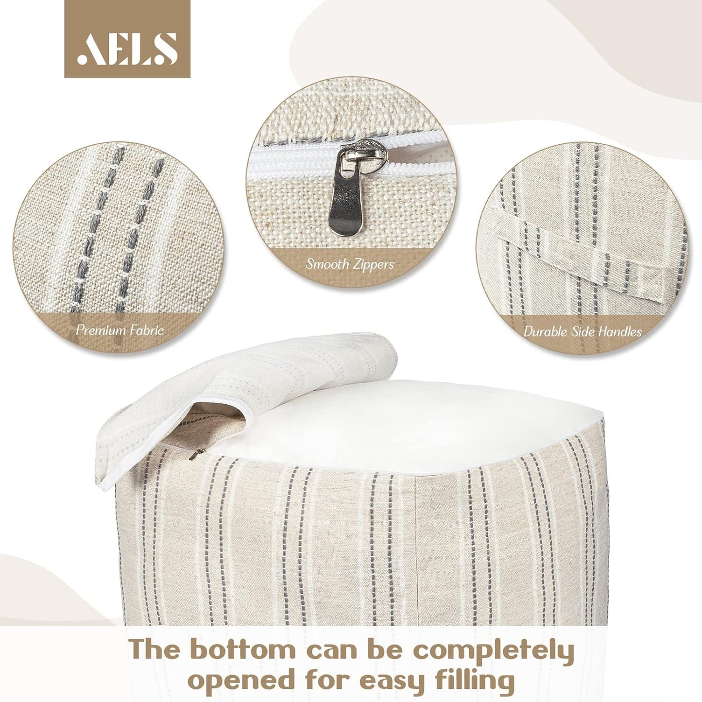 AELS Unstuffed Farmhouse Pouf Cover for Living Room, Storage Bean Bag Cubes, Off Beige & Light Brown Stripes Linen Square Ottoman Pouf Foot Rest Footstool, 18"x18"x18", Cover ONLY