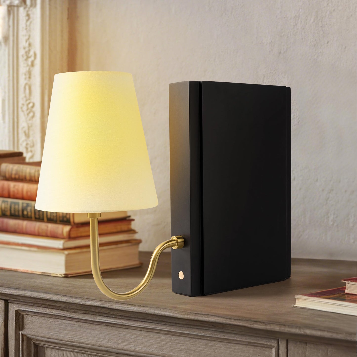 AELS Wooden Bookshelf Lamp with Bulb, Cordless Touch Dimmable Table Lamp with Linen Fabric Shade, Battery Operated, Modern Decorative Bookend, Book Sconce for Office Home Bedroom Bookshelf, Dark Brown