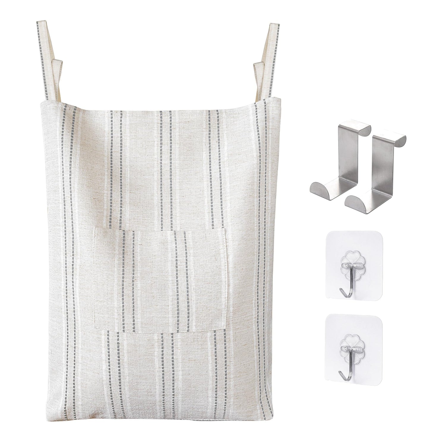 AELS Farmhouse Hanging Laundry Hamper with 2 Hooks, Washable Beige & Stripes Laundry Bag with Zipper & Wide Open Top, Over the Door Organizer for Dirty Clothes, Space Saving Storage