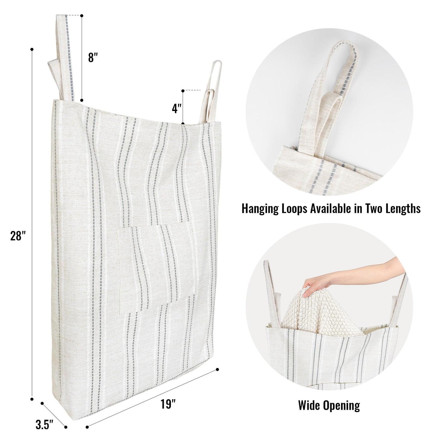 AELS Farmhouse Hanging Laundry Hamper with 2 Hooks, Washable Beige & Stripes Laundry Bag with Zipper & Wide Open Top, Over the Door Organizer for Dirty Clothes, Space Saving Storage