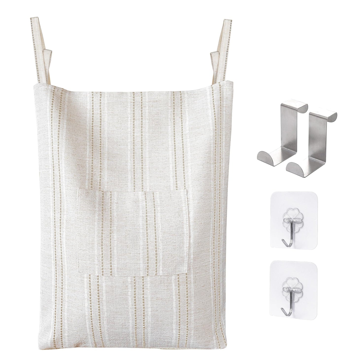 AELS Farmhouse Hanging Laundry Hamper with 2 Hooks, Washable Beige & Stripes Laundry Bag with Zipper & Wide Open Top, Over the Door Organizer for Dirty Clothes, Space Saving Storage