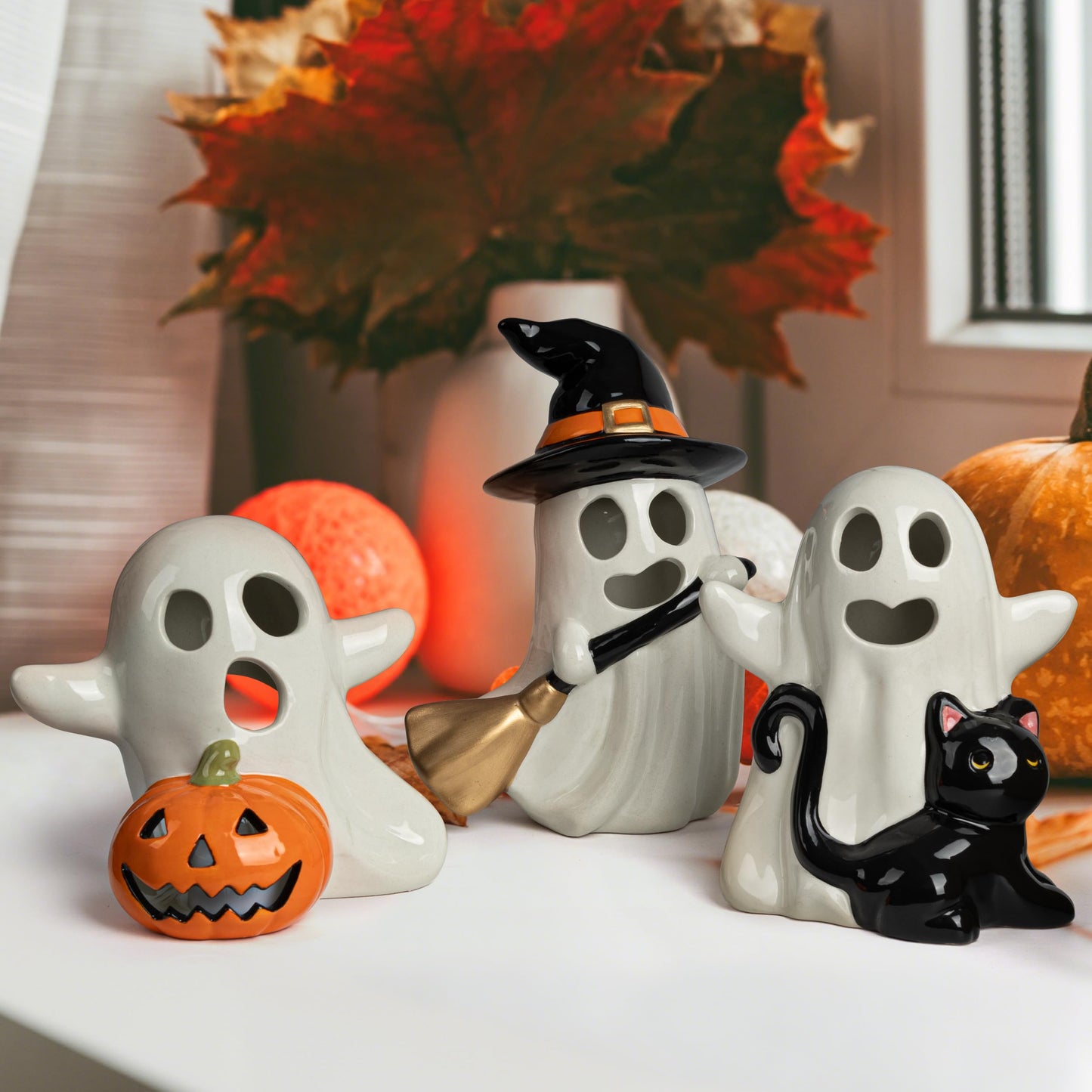 AELS Halloween Pumpkin Tealight Holders – Set of 3 Ceramic Jack O' Lantern Candle Holders with Ghosts, Spooky Sculptures Ghost Figurines, Indoor Tabletop Decorations for Holiday Party Home
