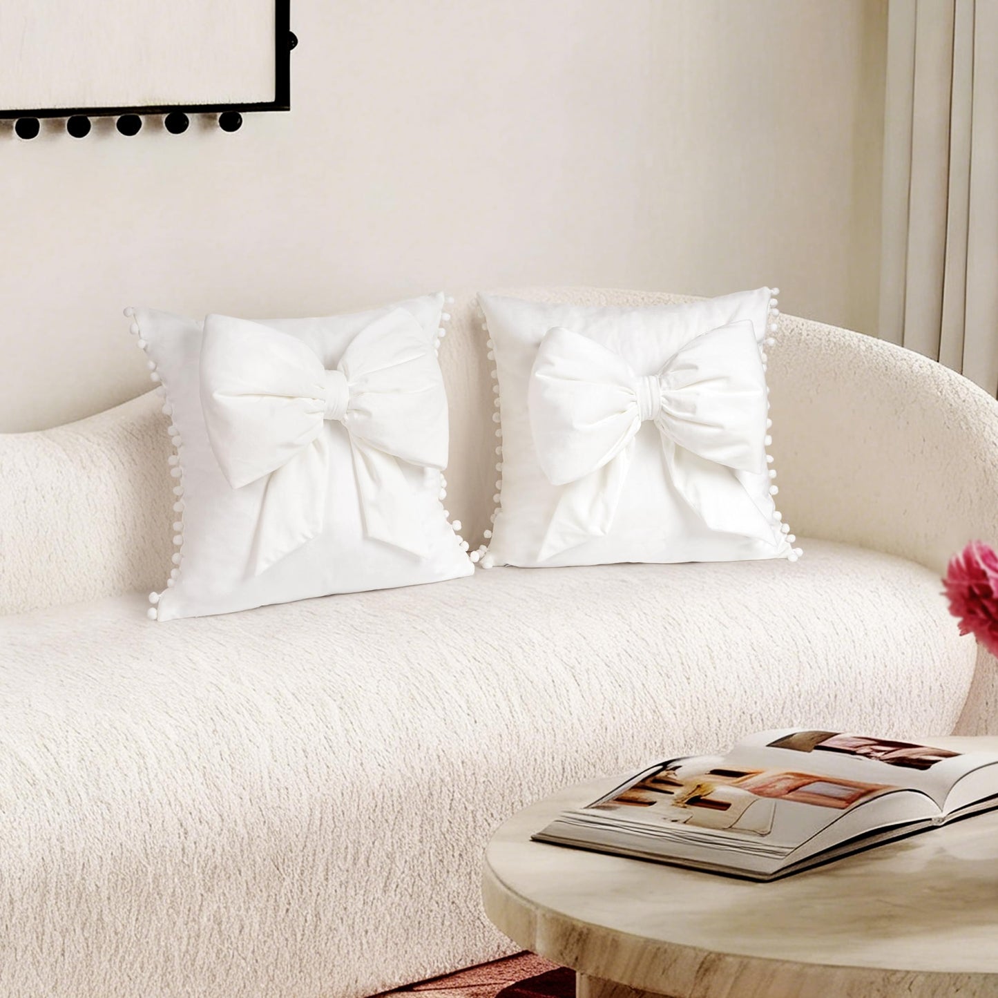 AELS Bow Pillow Cover, 18x18 Bow Decorative Set of 2, Velvet Bowknot Pillow Cover with Pom-poms for Valentine's Day, Wedding, Christmas, Living Room, Bedroom, Nursery Decor, Navy Blue