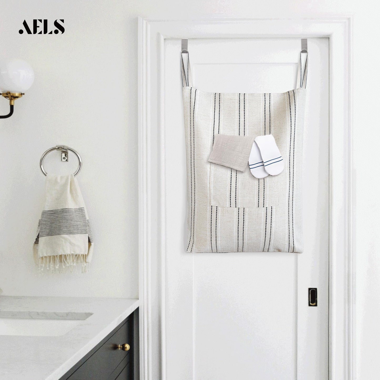 AELS Farmhouse Hanging Laundry Hamper with 2 Hooks, Washable Beige & Stripes Laundry Bag with Zipper & Wide Open Top, Over the Door Organizer for Dirty Clothes, Space Saving Storage