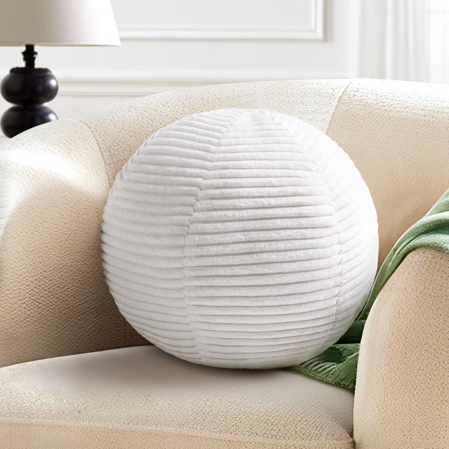 AELS Round Decorative Throw Pillows, Set of 2, 11.8"& 10" Corduroy Striped Ball Pillow Set for Couch Sofa Living Room Bedroom Nursery Decor, Mid Century Modern Home Decor, Sage Green