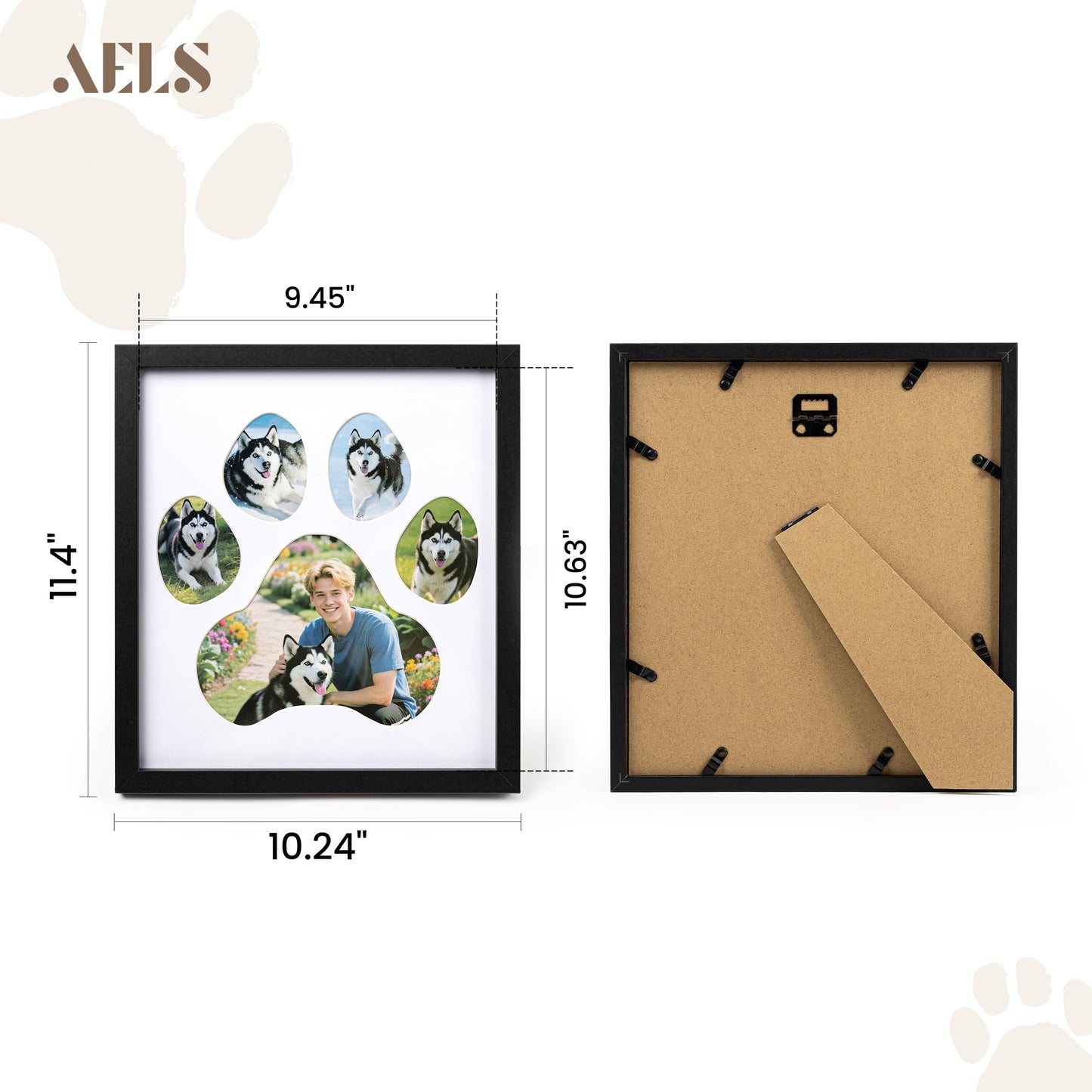 AELS Dog Paw Print Photo Collage Frame, Holds 5 Pictures of Pets & Owners, Ideal Gift for Dog Lovers Moms & Dads, Black Pet Memorial Keepsake and Wall Décor, 10.24" x 11.4"