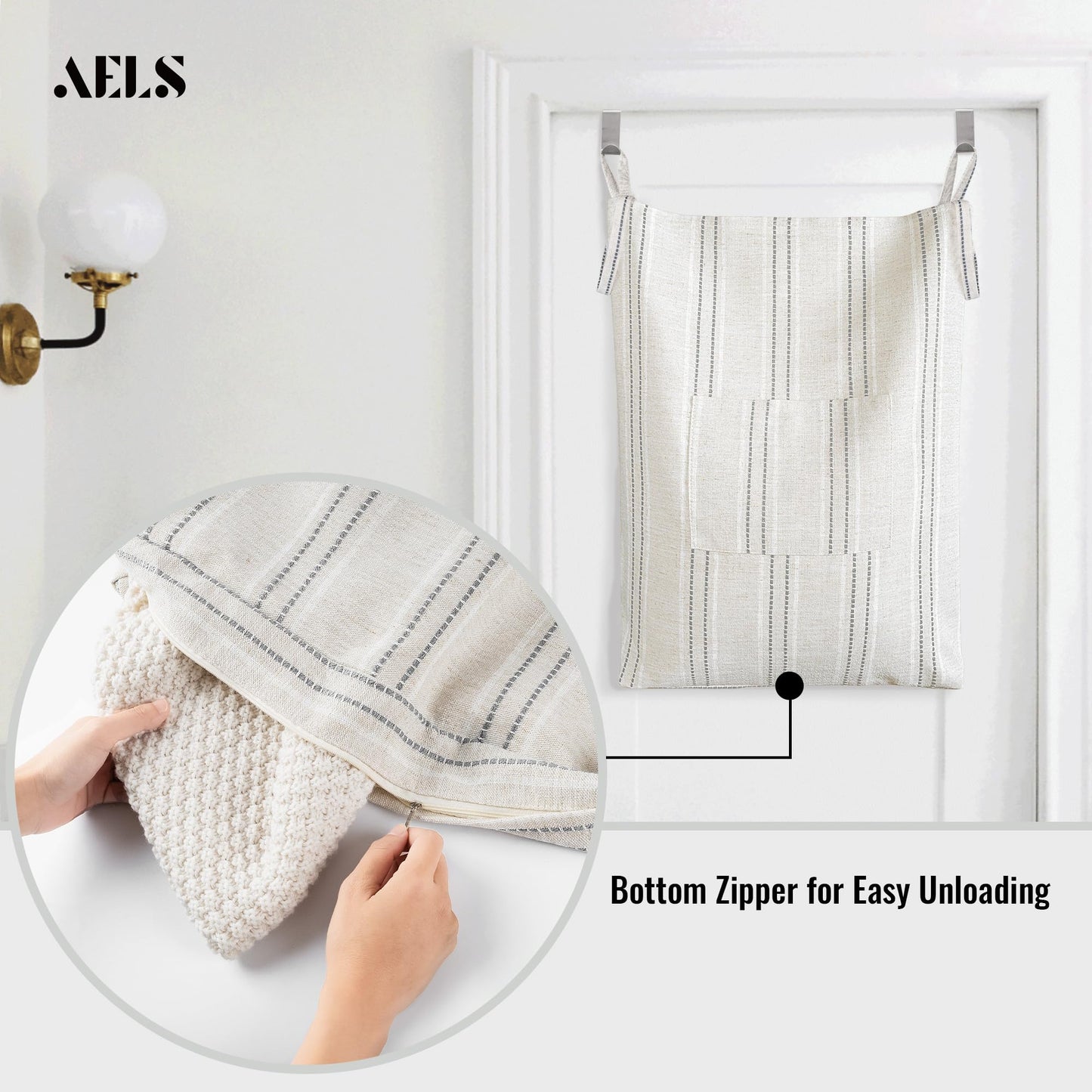 AELS Farmhouse Hanging Laundry Hamper with 2 Hooks, Washable Beige & Stripes Laundry Bag with Zipper & Wide Open Top, Over the Door Organizer for Dirty Clothes, Space Saving Storage