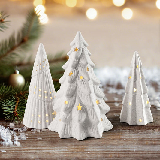 AELS Cordless Lighted Ceramic Christmas Tree, Set of 3, Matte White Tabletop Xmas Figurines Decorations with Lights for Christmas Holiday Decor, White Christmas Decorations