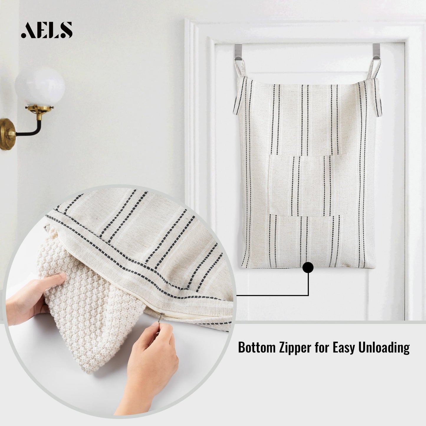 AELS Farmhouse Hanging Laundry Hamper with 2 Hooks, Washable Beige & Stripes Laundry Bag with Zipper & Wide Open Top, Over the Door Organizer for Dirty Clothes, Space Saving Storage