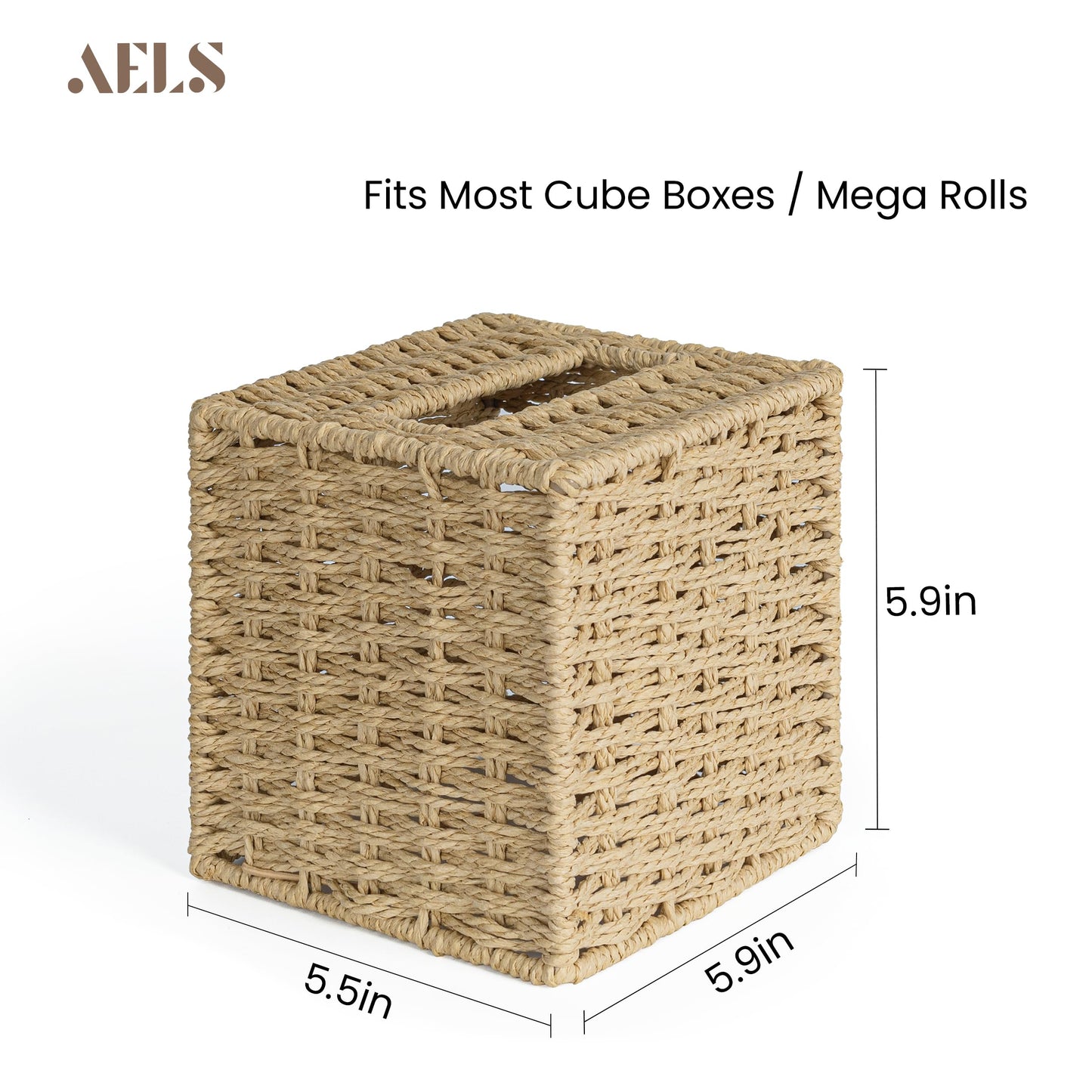 AELS Farmhouse Tissue Box Cover Square, Hand Woven Strawpaper Facial Tissue Paper Holder, Cute Tissue Box Holder Square, Boho Bathroom Decor Box for Tissues Cube Box w/Elastic Bottom, Beige