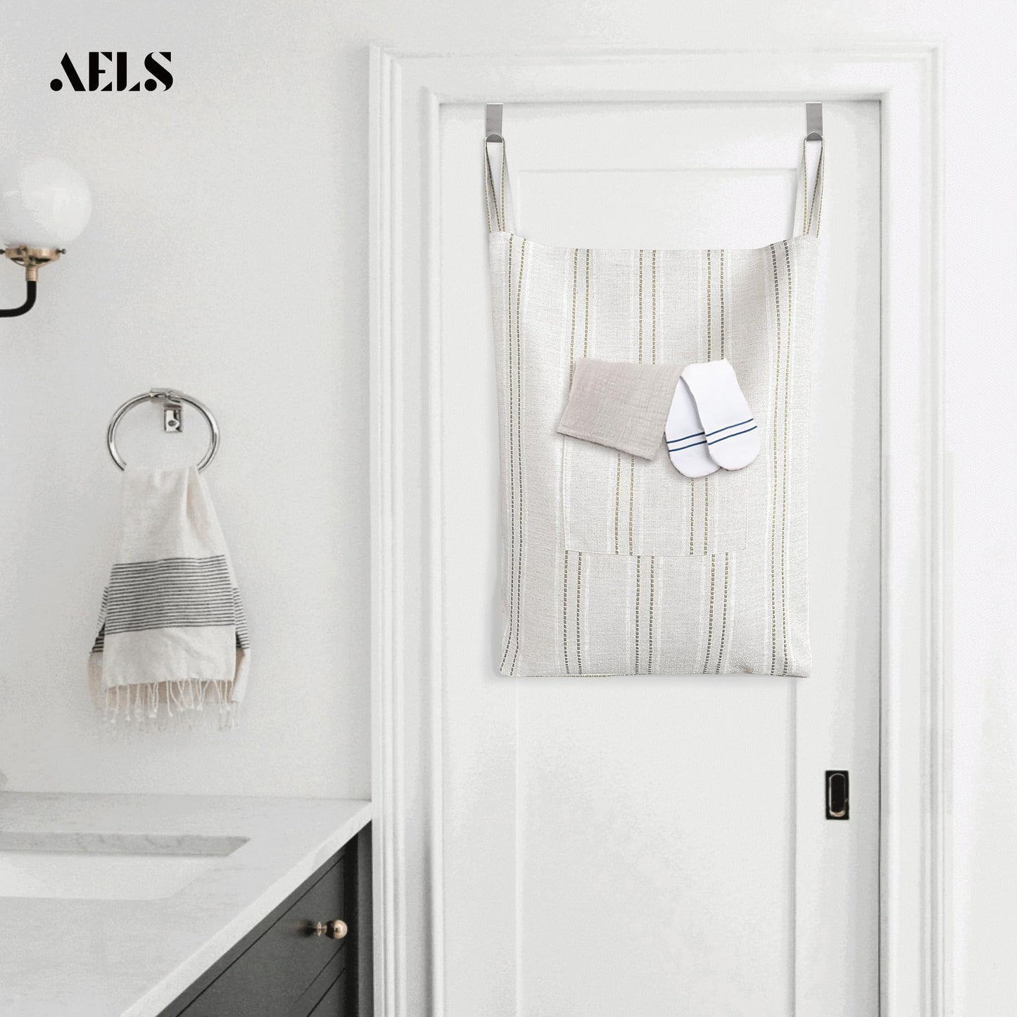 AELS Farmhouse Hanging Laundry Hamper with 2 Hooks, Washable Beige & Stripes Laundry Bag with Zipper & Wide Open Top, Over the Door Organizer for Dirty Clothes, Space Saving Storage