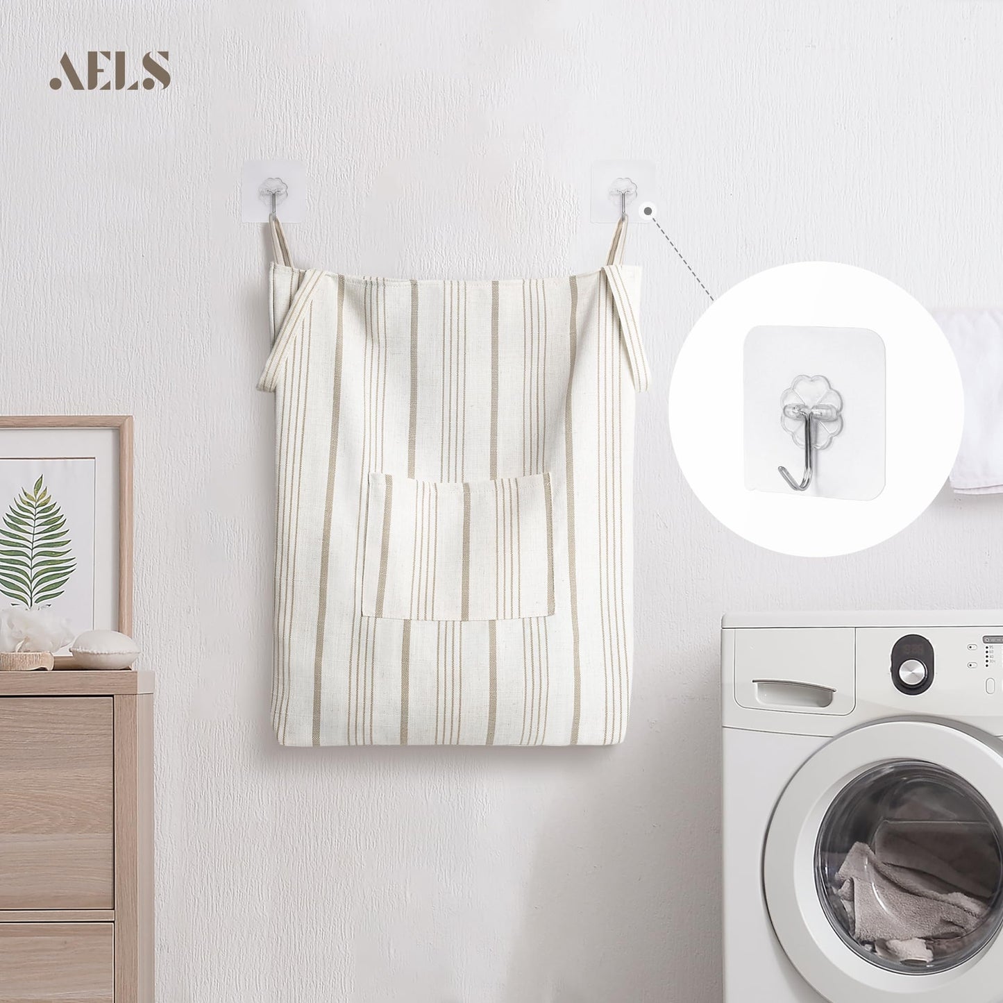 AELS Farmhouse Hanging Laundry Hamper with 2 Hooks, Washable Beige & Stripes Laundry Bag with Zipper & Wide Open Top, Over the Door Organizer for Dirty Clothes, Space Saving Storage