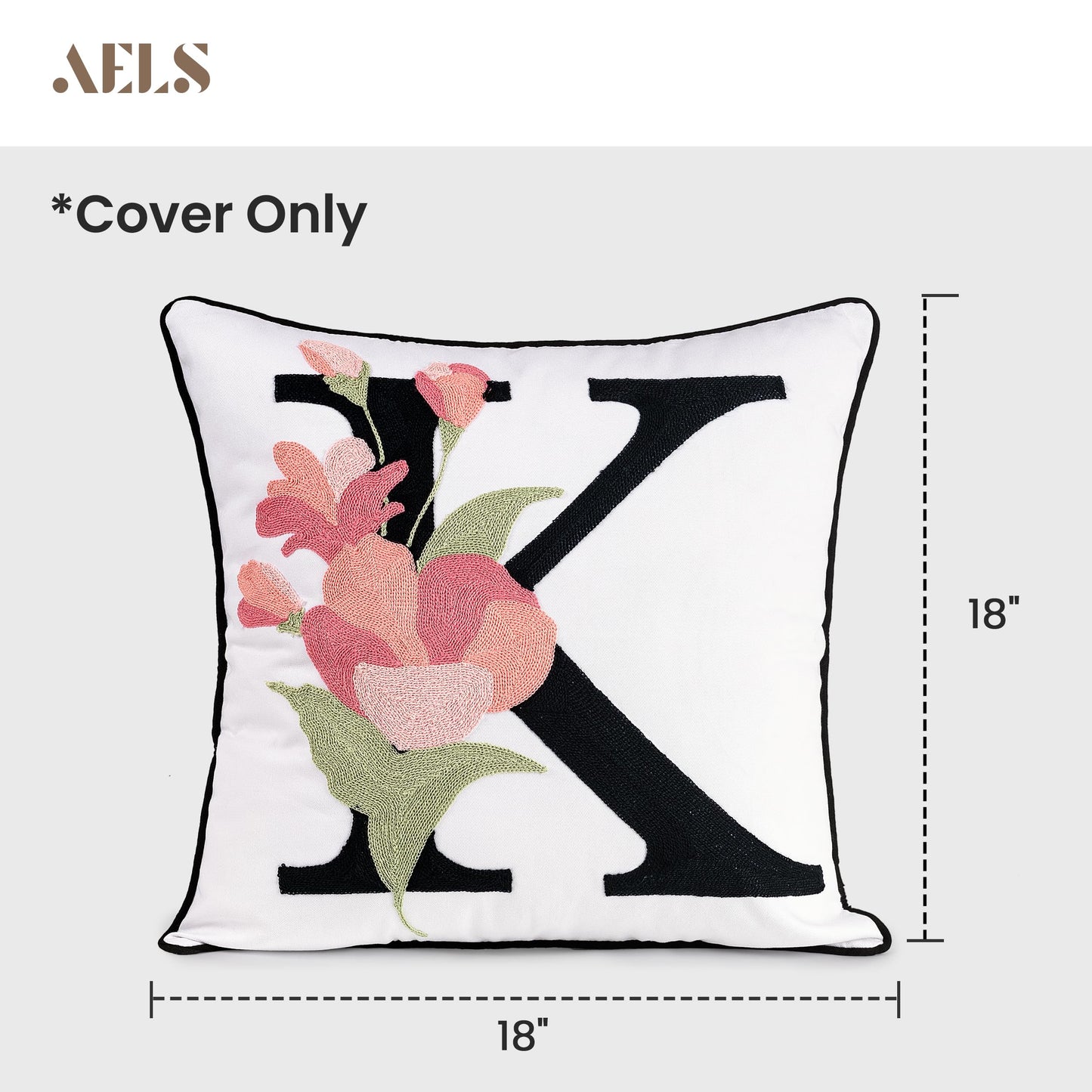 AELS Embroidered Letter Throw Pillow Cover, Chic Modern Botanical Alphabet Cushion Cover with Floral Monogram, 18"x18" Cotton Decorative Pillowcase for Couch, Sofa, Bed, or Living Room Decor, Letter A