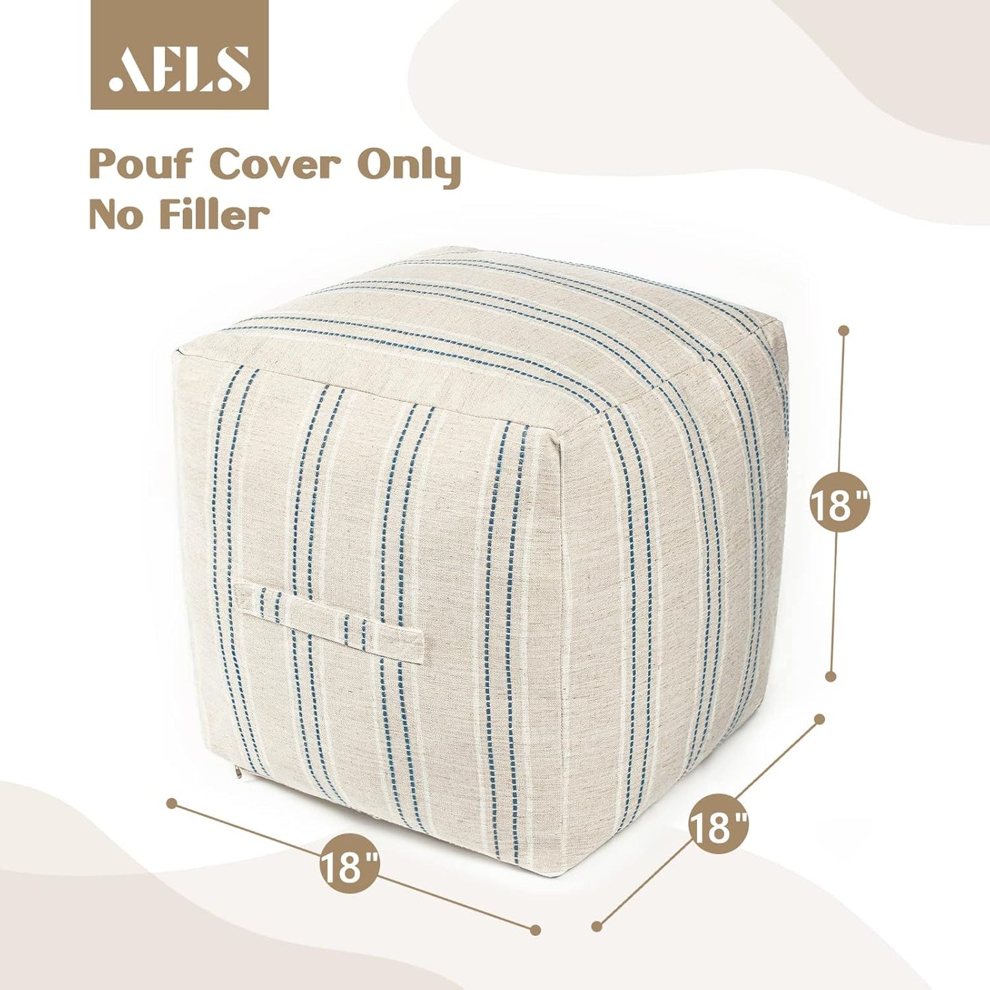 AELS Unstuffed Farmhouse Pouf Cover for Living Room, Storage Bean Bag Cubes, Off Beige & Light Brown Stripes Linen Square Ottoman Pouf Foot Rest Footstool, 18"x18"x18", Cover ONLY