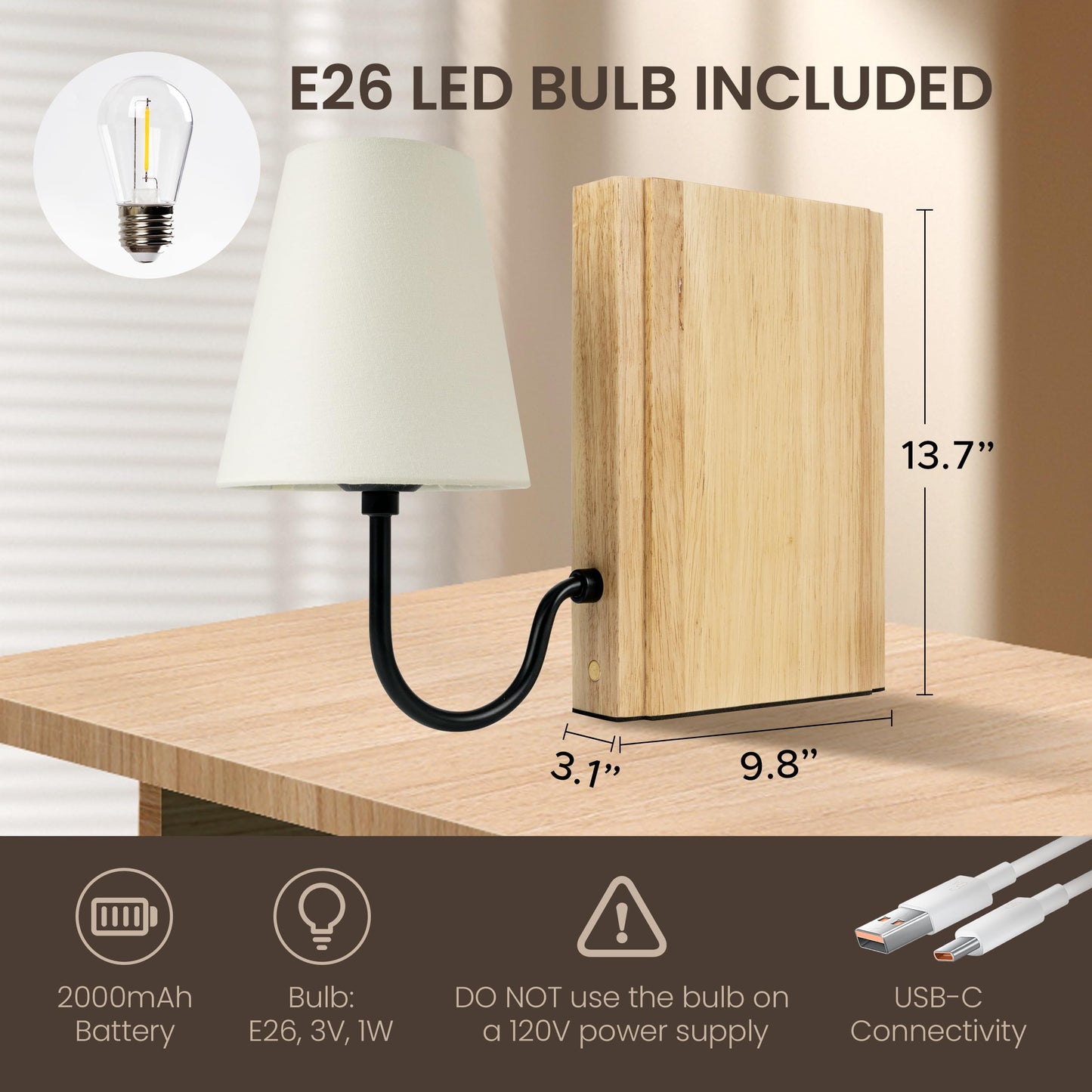 AELS Wooden Bookshelf Lamp with Bulb, Cordless Touch Dimmable Table Lamp with Linen Fabric Shade, Battery Operated, Modern Decorative Bookend, Book Sconce for Office Home Bedroom Bookshelf, Dark Brown