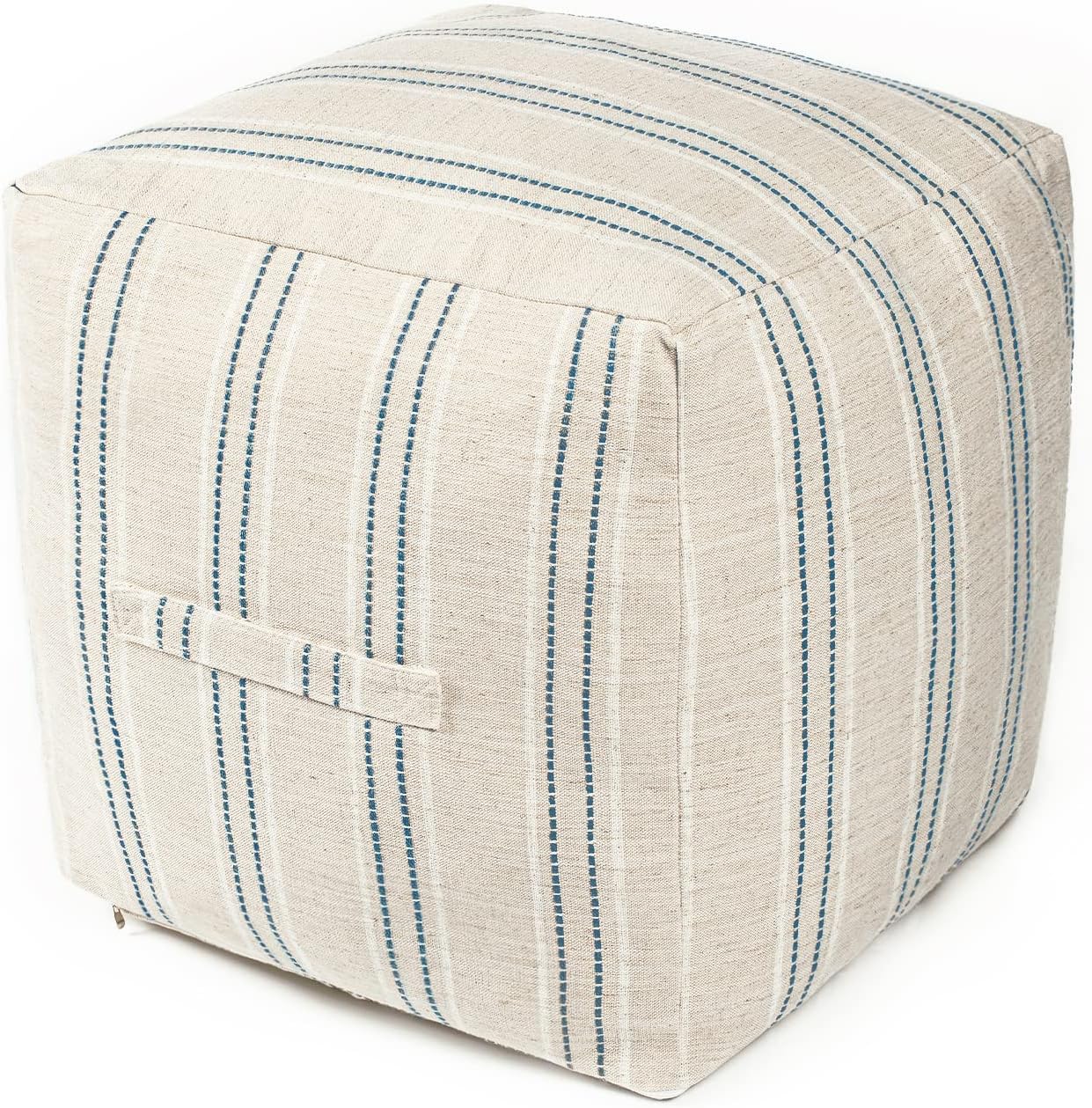 AELS Unstuffed Farmhouse Pouf Cover for Living Room, Storage Bean Bag Cubes, Off Beige & Light Brown Stripes Linen Square Ottoman Pouf Foot Rest Footstool, 18"x18"x18", Cover ONLY