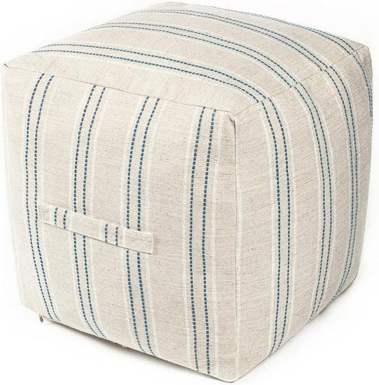 AELS Unstuffed Farmhouse Pouf Cover for Living Room, Storage Bean Bag Cubes, Off Beige & Light Brown Stripes Linen Square Ottoman Pouf Foot Rest Footstool, 18"x18"x18", Cover ONLY