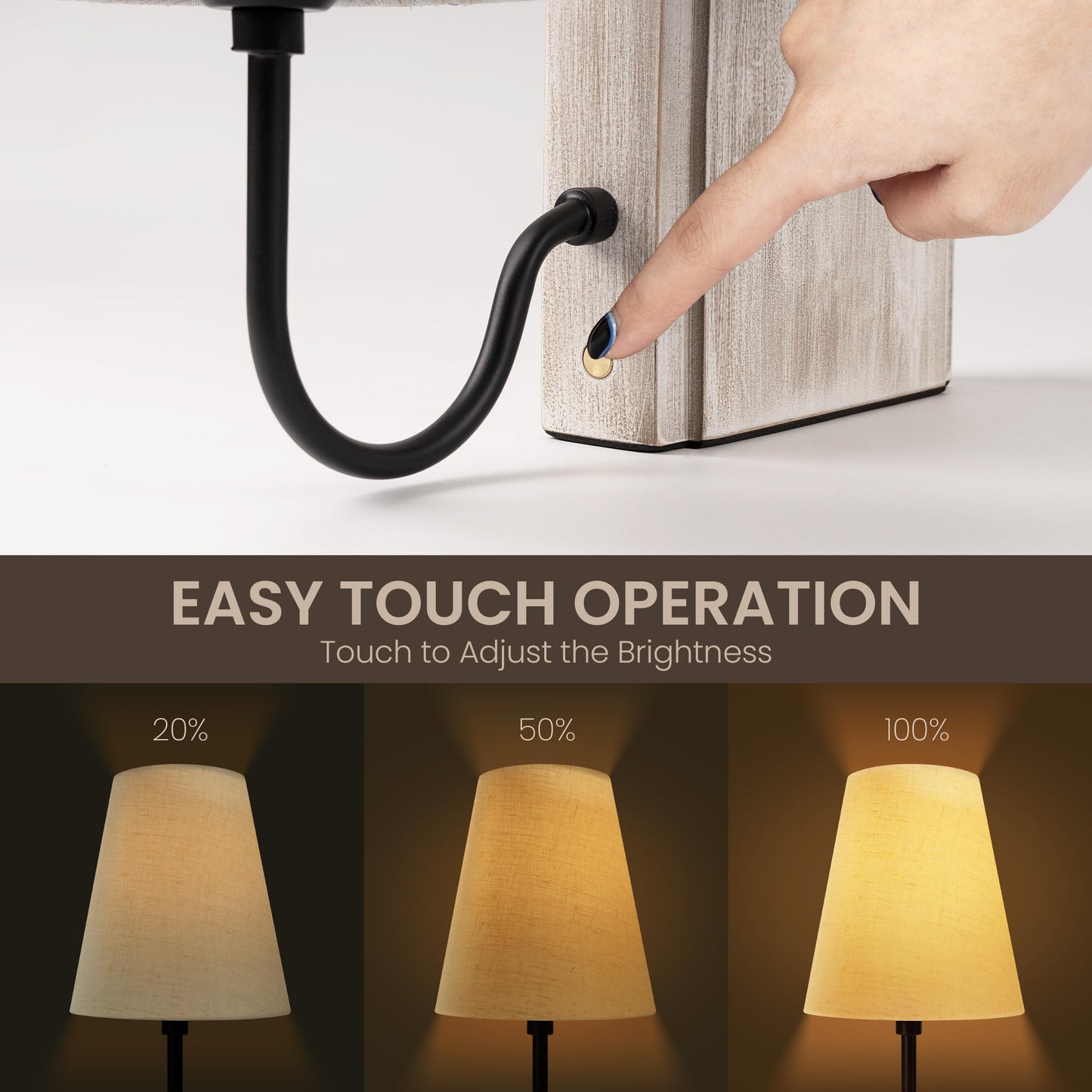 AELS Wooden Bookshelf Lamp with Bulb, Cordless Touch Dimmable Table Lamp with Linen Fabric Shade, Battery Operated, Modern Decorative Bookend, Book Sconce for Office Home Bedroom Bookshelf, Dark Brown