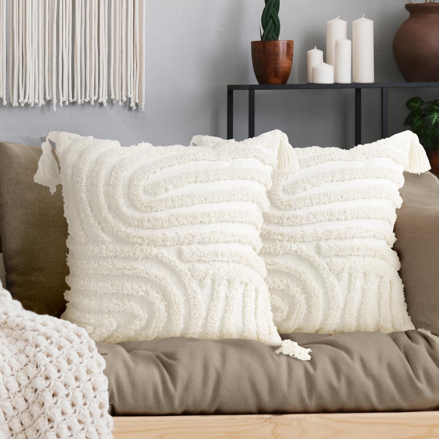 AELS Boho Decorative Textured Throw Pillow Covers with Tassels 18x18, Modern Abstract Mid Century Rainbow Tufted Pillow Case, Farmhouse Rustic Neutral Woven Cushion Case for Bed Couch Sofa, White