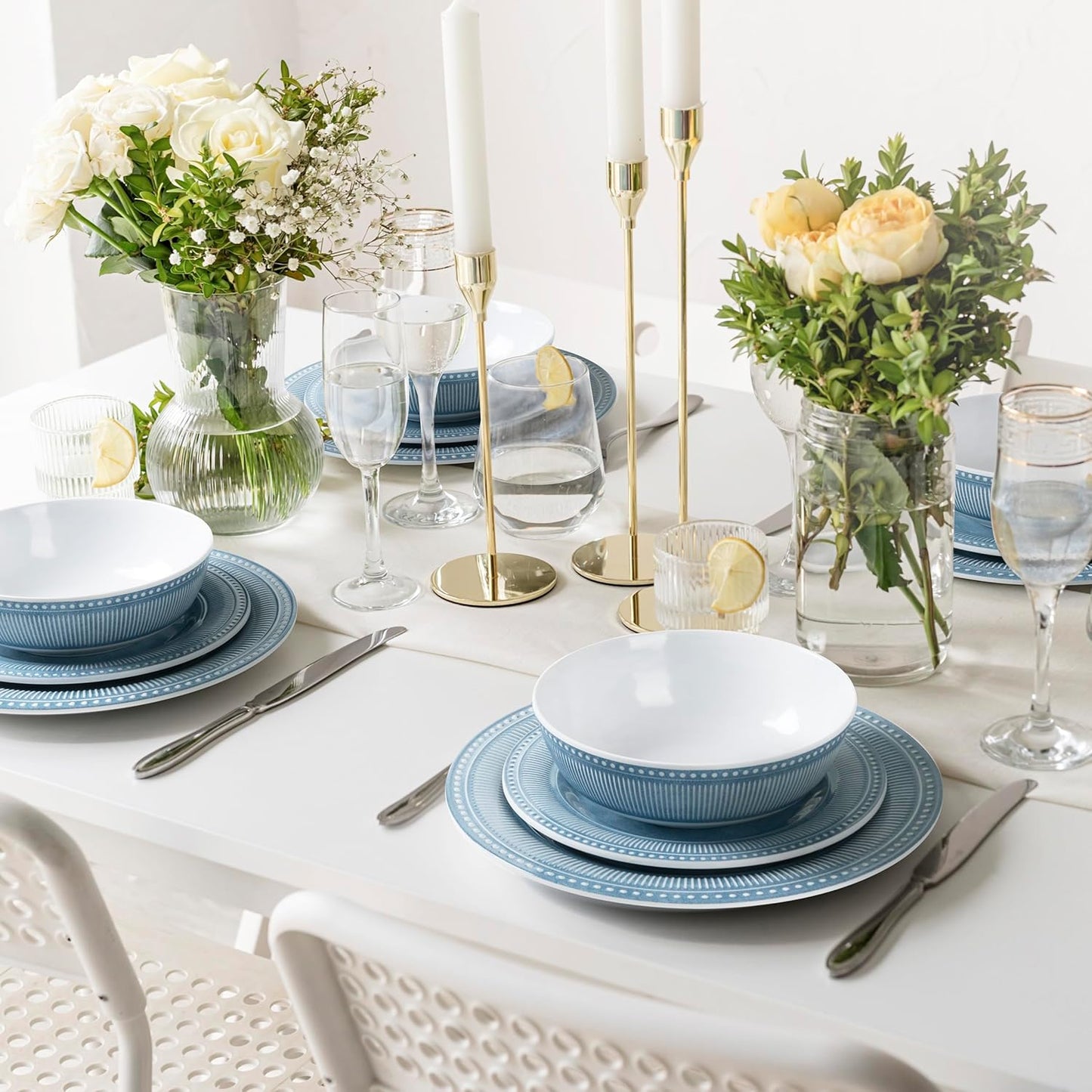 AELS Melamine Dinnerware Set of 12 Pcs, Dinner Dishes Set for Indoor and Outdoor Use, Melamine Plates and Bowls Set for 4, Dishwasher Safe, Lightweight Unbreakable, BPA Free, Blue