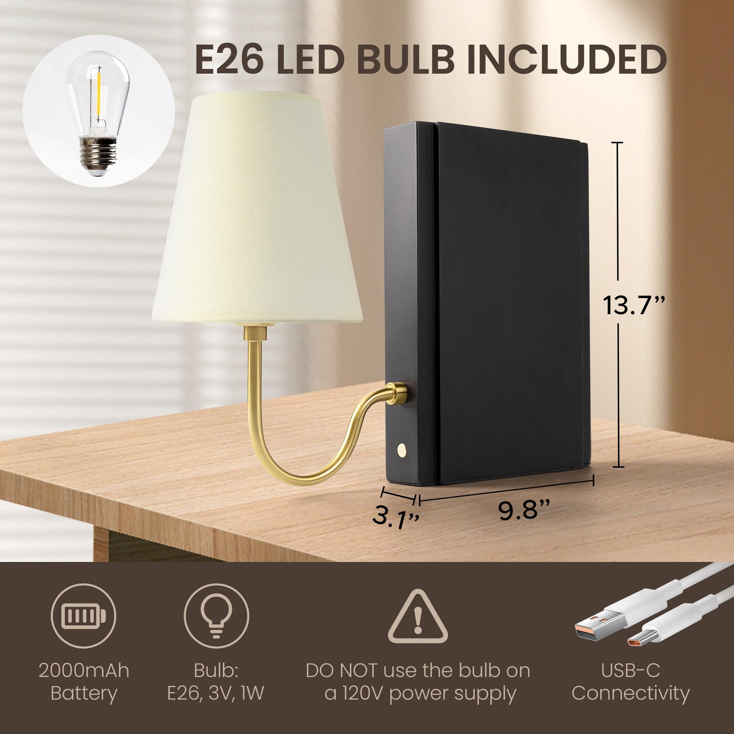 AELS Wooden Bookshelf Lamp with Bulb, Cordless Touch Dimmable Table Lamp with Linen Fabric Shade, Battery Operated, Modern Decorative Bookend, Book Sconce for Office Home Bedroom Bookshelf, Dark Brown