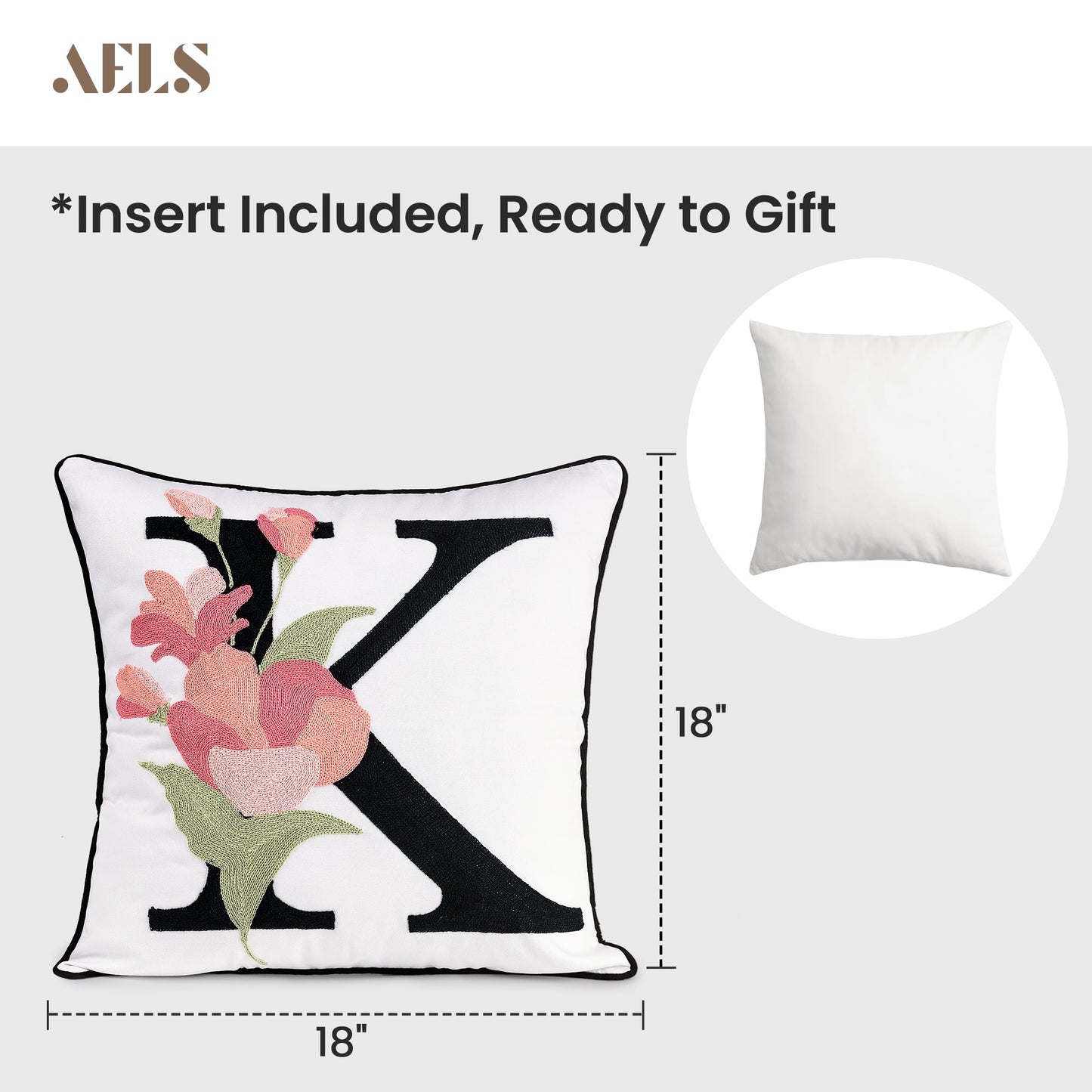 AELS Embroidered Letter Throw Pillow Cover, Chic Modern Botanical Alphabet Cushion Cover with Floral Monogram, 18"x18" Cotton Decorative Pillowcase for Couch, Sofa, Bed, or Living Room Decor, Letter A
