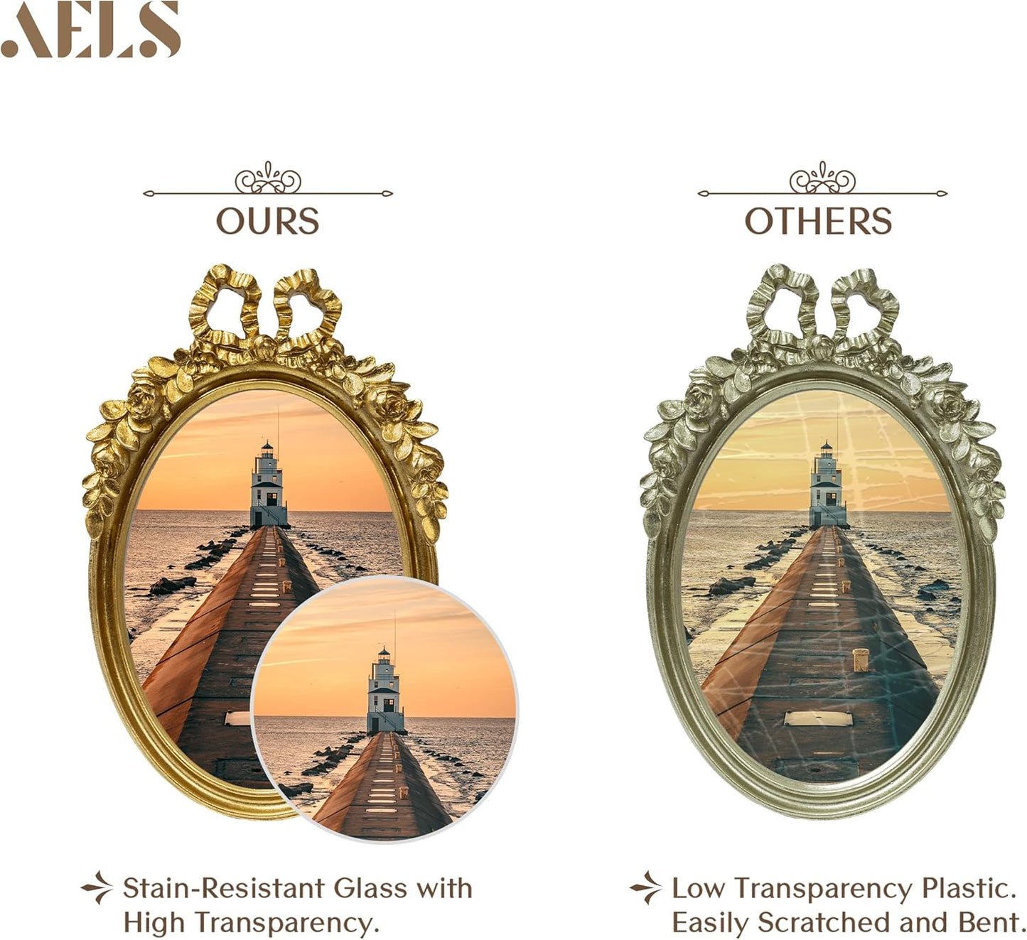 AELS 5x7 Inch Bow Vintage Picture Frame, Floral Rose Antique Oval Gold Photo Frames with Glass Front, Elegant Photo Display, Tabletop Wall Hanging, Gift Ideas