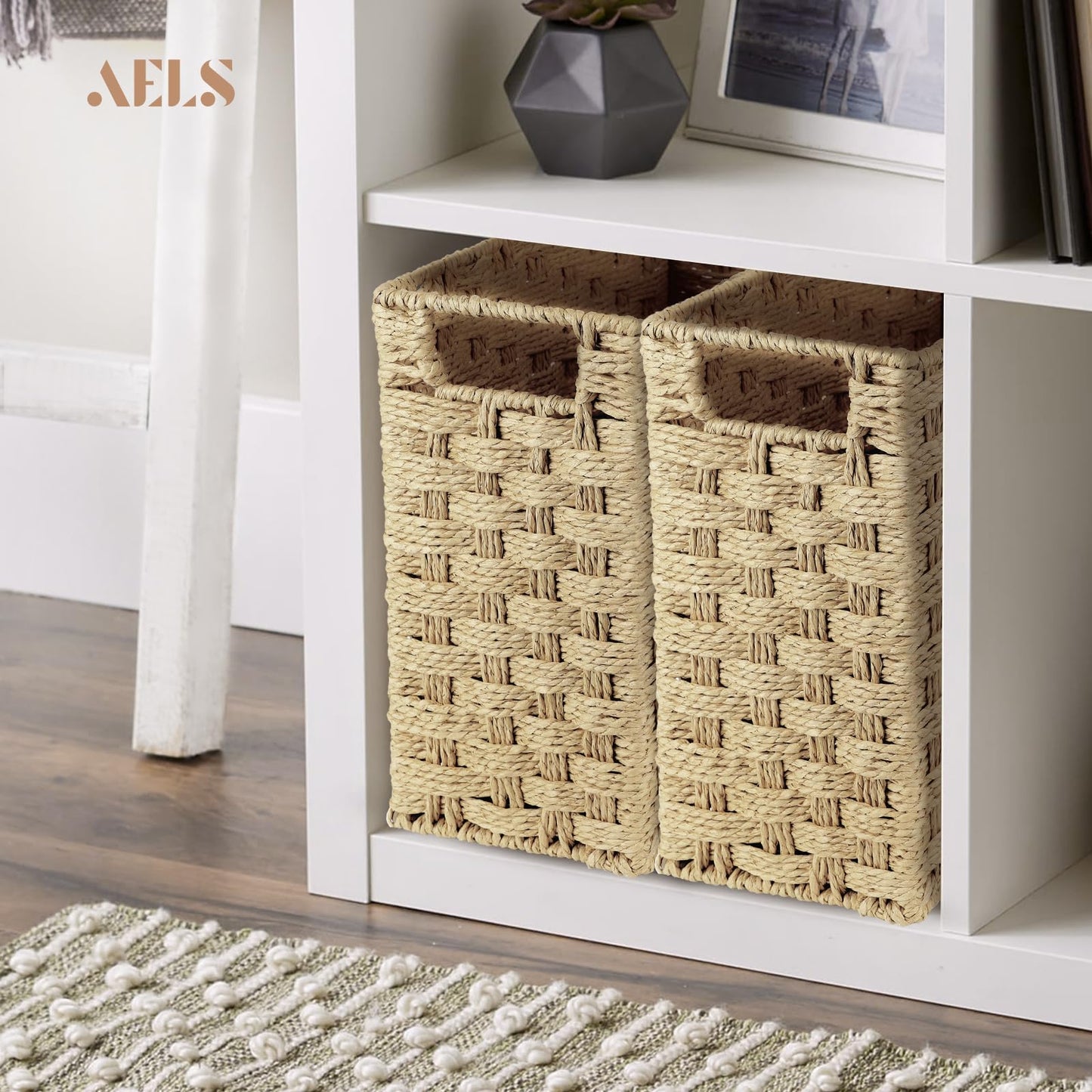 AELS Woven Natural Fibre Magazine Holder, Scalloped Edge Magazine Rack Floor, Hand-woven Magazine Organizer, Magazine Basket, Boho Modern Farmhouse Book Basket, File Newspaper Mail Holder for Office