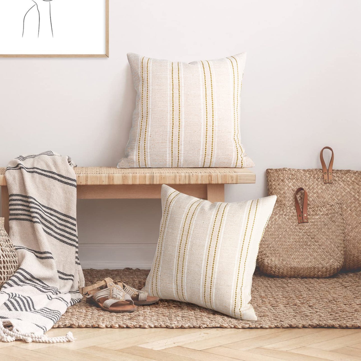 AELS 14x36 Decorative Lumbar Throw Pillow Covers, Farmhouse Linen Textured Long Pillow Case, Beige with White & Navy Blue Stitch Boho Cushion Cover for Couch Living Room (Cover ONLY)