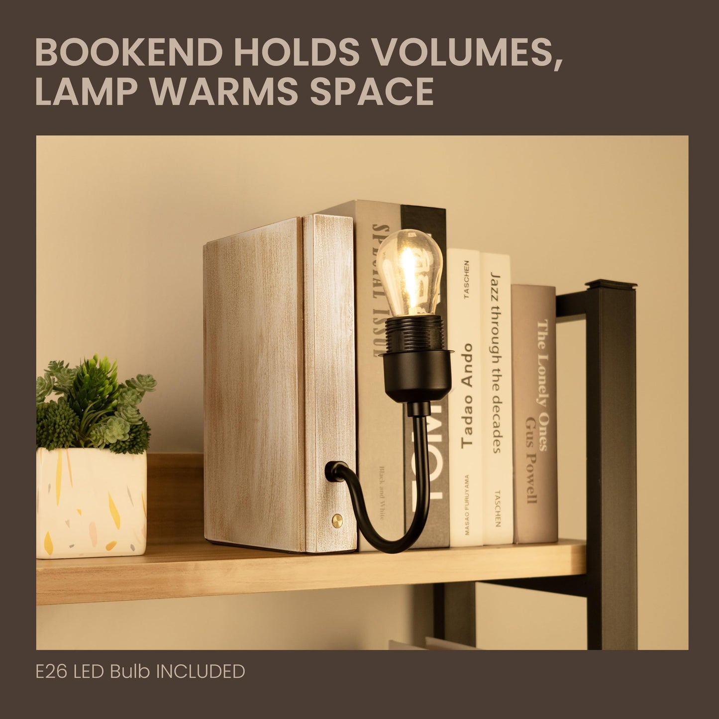 AELS Wooden Bookshelf Lamp with Bulb, Cordless Touch Dimmable Table Lamp with Linen Fabric Shade, Battery Operated, Modern Decorative Bookend, Book Sconce for Office Home Bedroom Bookshelf, Dark Brown