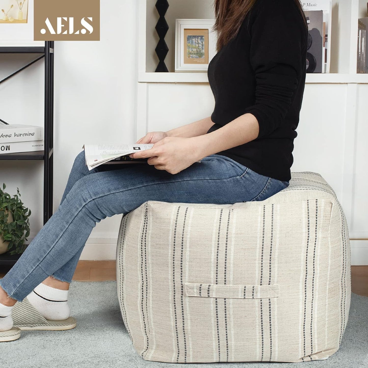 AELS Unstuffed Farmhouse Pouf Cover for Living Room, Storage Bean Bag Cubes, Off Beige & Light Brown Stripes Linen Square Ottoman Pouf Foot Rest Footstool, 18"x18"x18", Cover ONLY