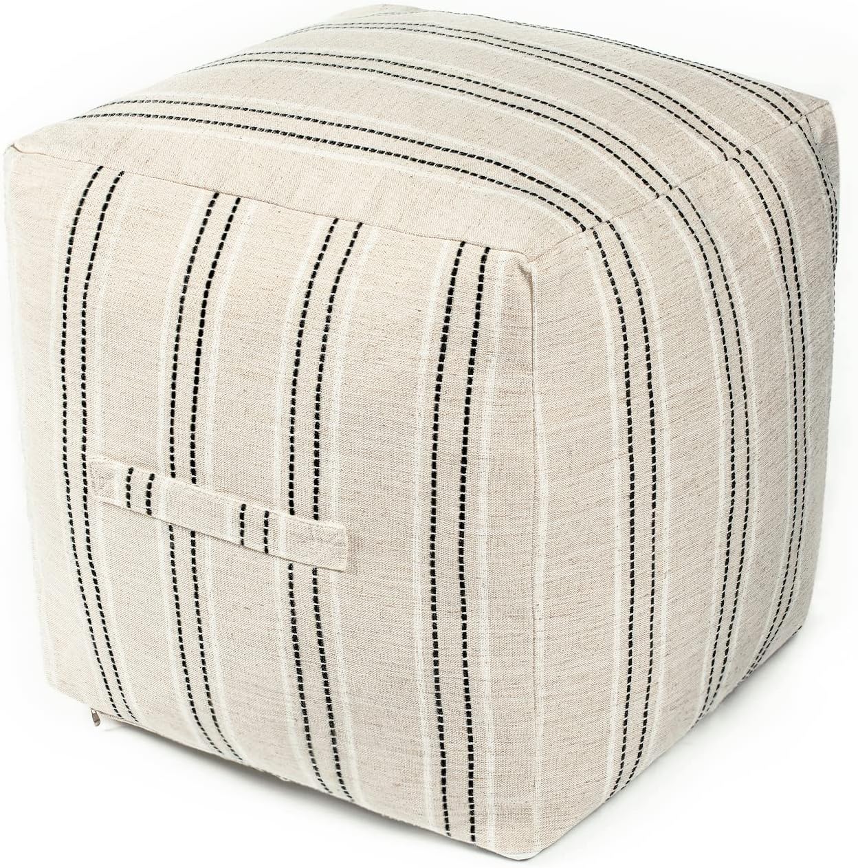 AELS Unstuffed Farmhouse Pouf Cover for Living Room, Storage Bean Bag Cubes, Off Beige & Light Brown Stripes Linen Square Ottoman Pouf Foot Rest Footstool, 18"x18"x18", Cover ONLY