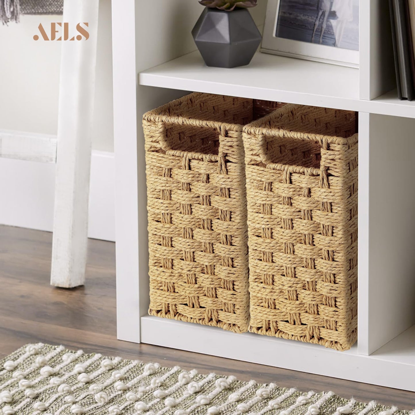 AELS Woven Natural Fibre Magazine Holder, Scalloped Edge Magazine Rack Floor, Hand-woven Magazine Organizer, Magazine Basket, Boho Modern Farmhouse Book Basket, File Newspaper Mail Holder for Office