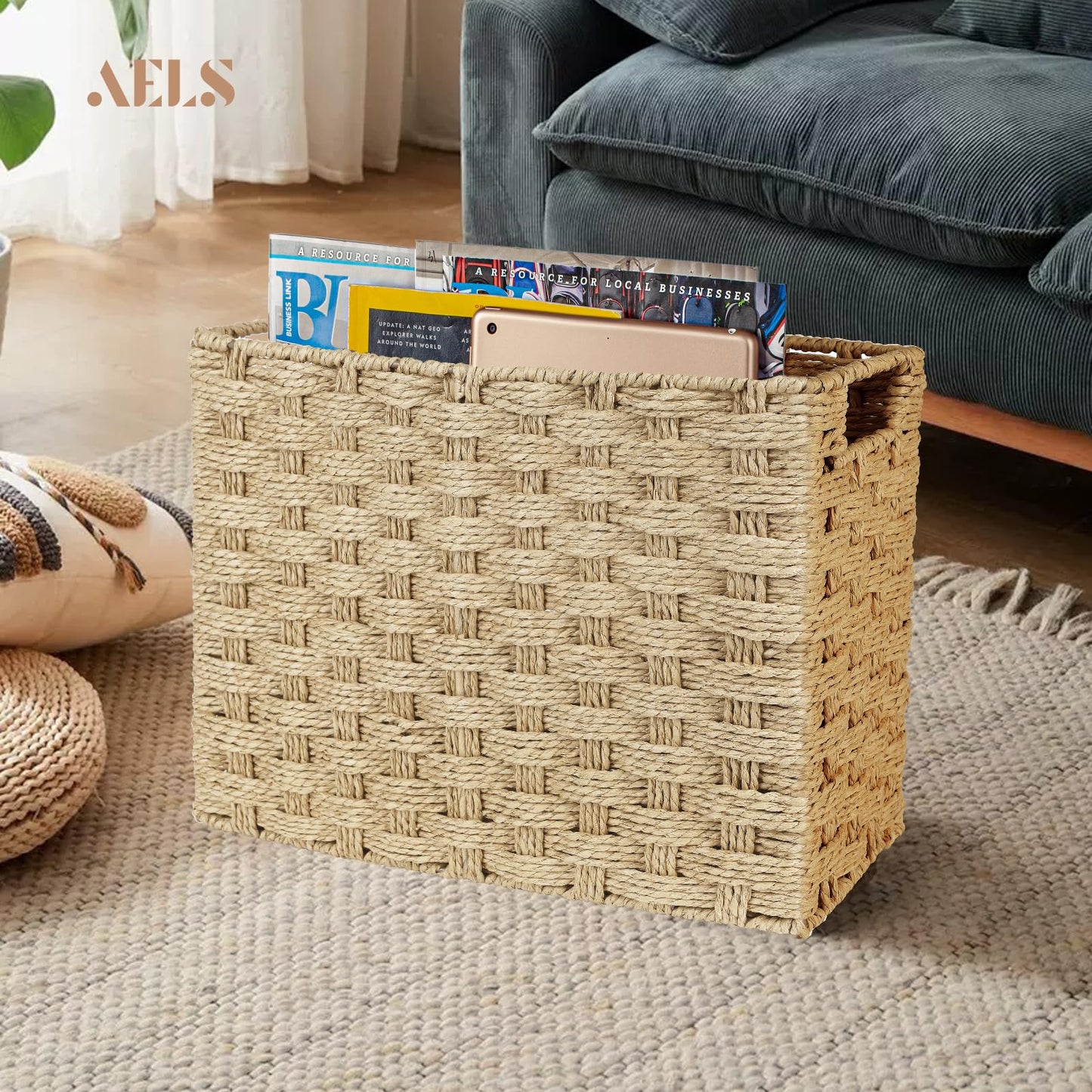 AELS Woven Natural Fibre Magazine Holder, Scalloped Edge Magazine Rack Floor, Hand-woven Magazine Organizer, Magazine Basket, Boho Modern Farmhouse Book Basket, File Newspaper Mail Holder for Office