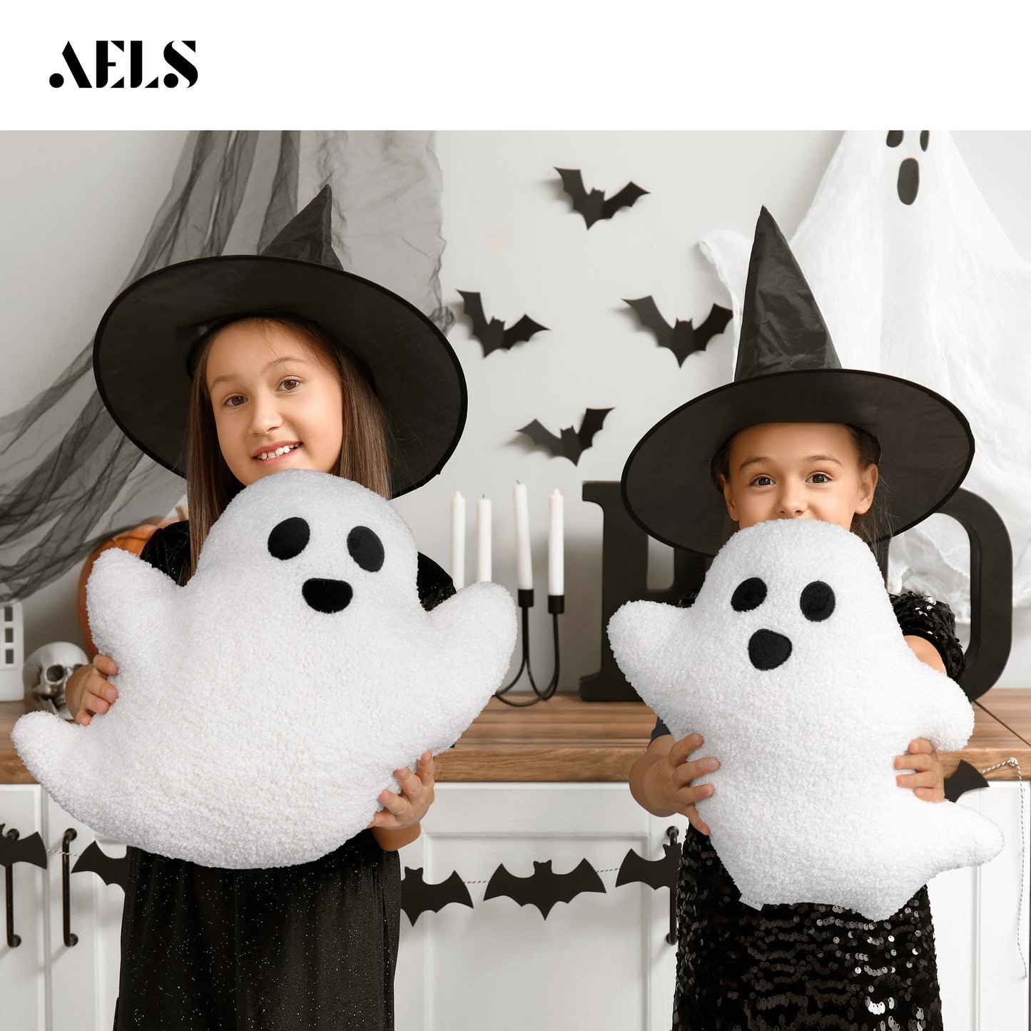 AELS 19.6" Ghost Decorative Throw Pillow Set of 2, Ghost Shaped Spooky Plush Pillows, Halloween Decorations, Halloween Pillows for Holiday Party Home, Decor for Living Room Bedroom, White