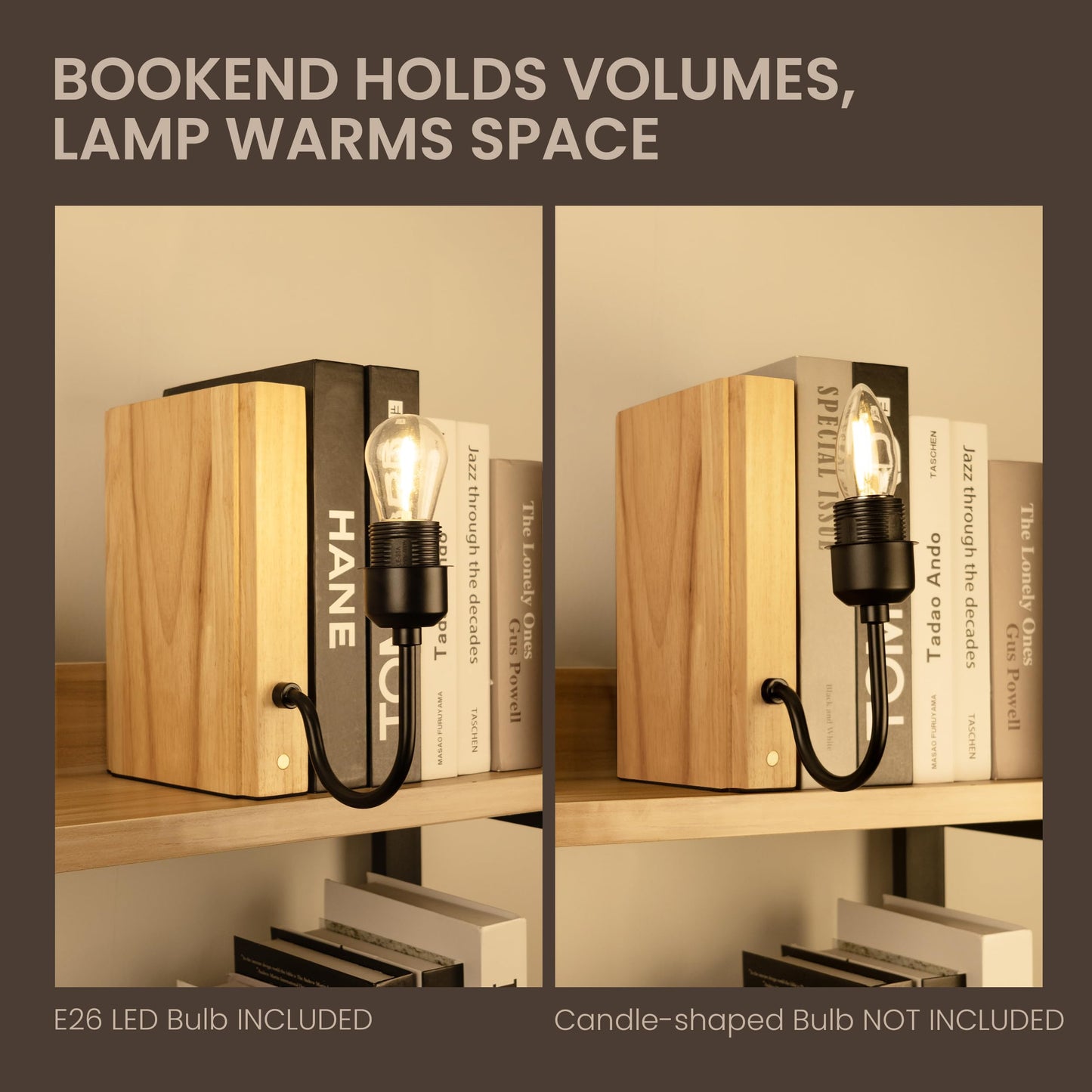 AELS Wooden Bookshelf Lamp with Bulb, Cordless Touch Dimmable Table Lamp with Linen Fabric Shade, Battery Operated, Modern Decorative Bookend, Book Sconce for Office Home Bedroom Bookshelf, Dark Brown