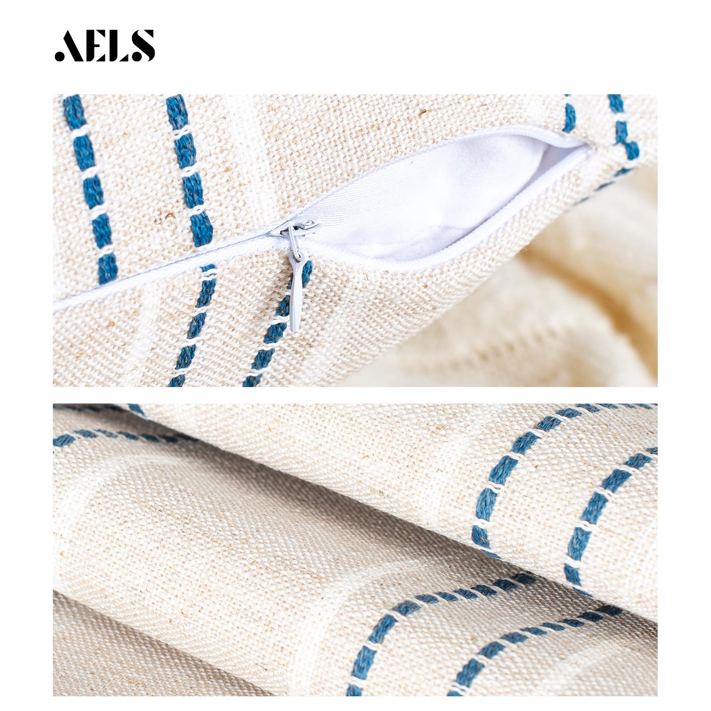 AELS 14x36 Decorative Lumbar Throw Pillow Covers, Farmhouse Linen Textured Long Pillow Case, Beige with White & Navy Blue Stitch Boho Cushion Cover for Couch Living Room (Cover ONLY)
