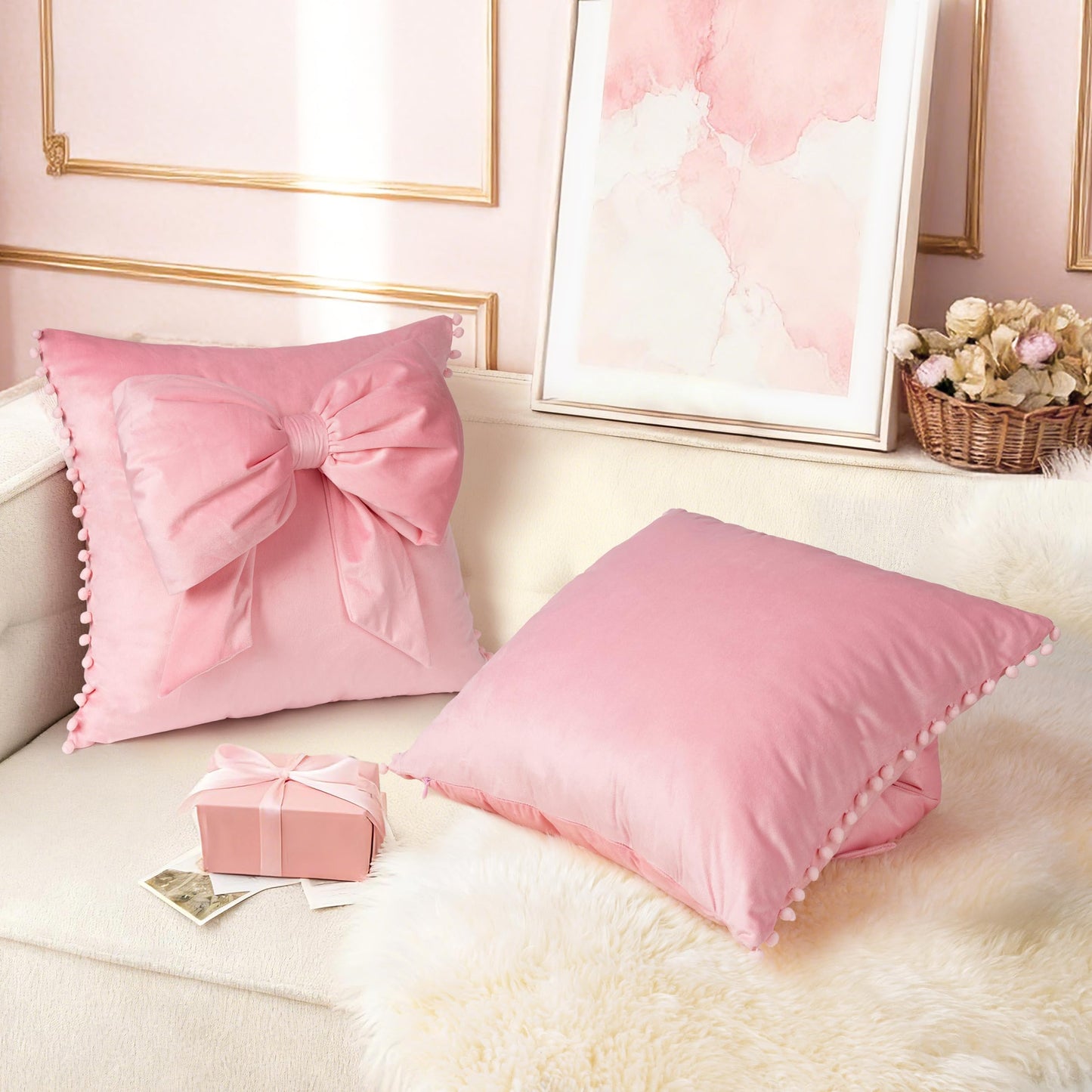 AELS Bow Pillow Cover, 18x18 Bow Decorative Set of 2, Velvet Bowknot Pillow Cover with Pom-poms for Valentine's Day, Wedding, Christmas, Living Room, Bedroom, Nursery Decor, Navy Blue