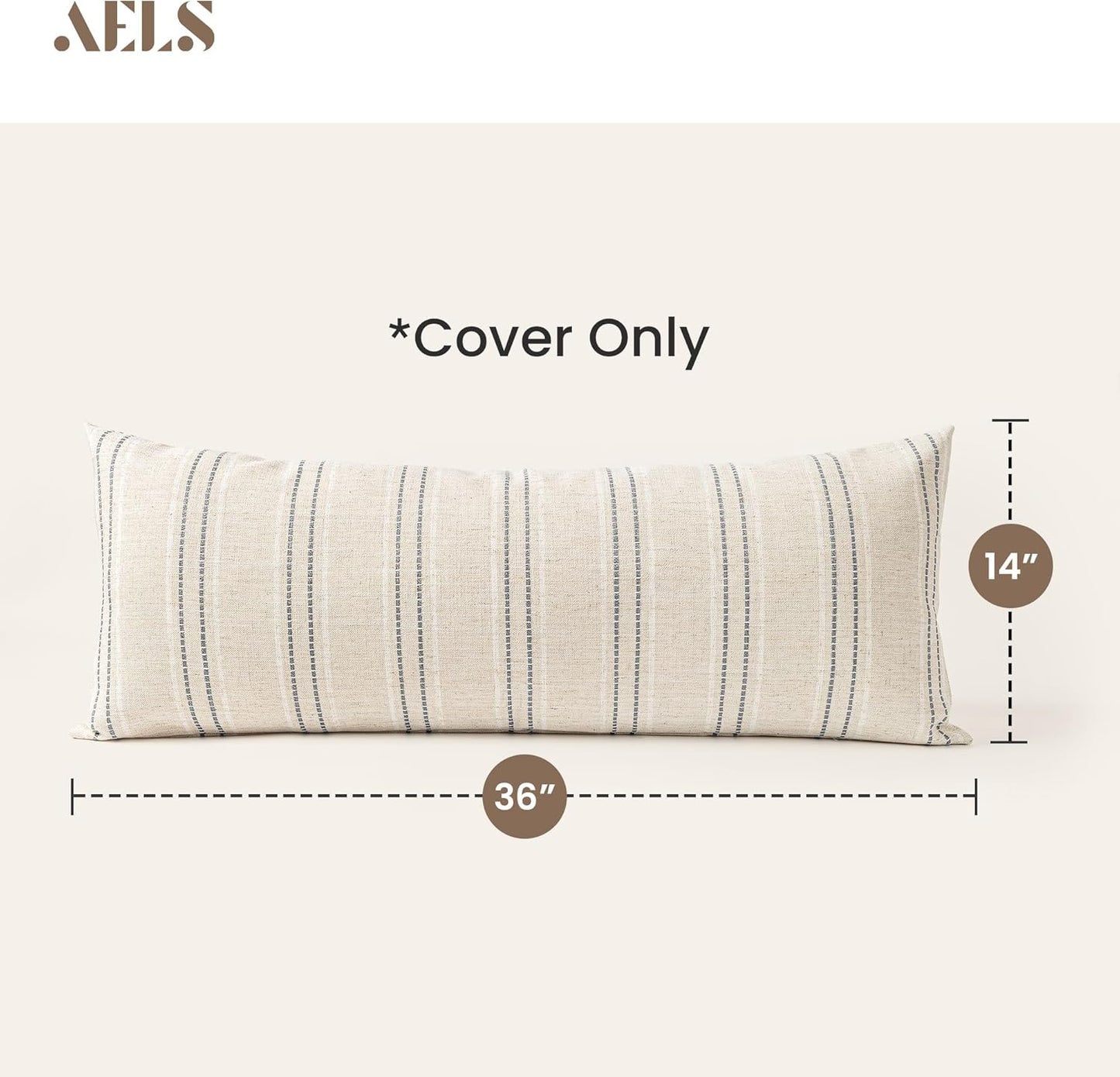 AELS 14x36 Decorative Lumbar Throw Pillow Covers, Farmhouse Linen Textured Long Pillow Case, Beige with White & Navy Blue Stitch Boho Cushion Cover for Couch Living Room (Cover ONLY)