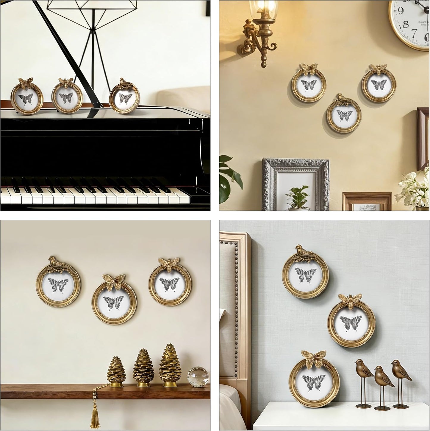 AELS 3.5 Inch Small Vintage Picture Frames Set of 3, Round Antique Photo Frames Set with Glass Front, Photo Display, Tabletop Wall Hanging, Gift Ideas, Golden