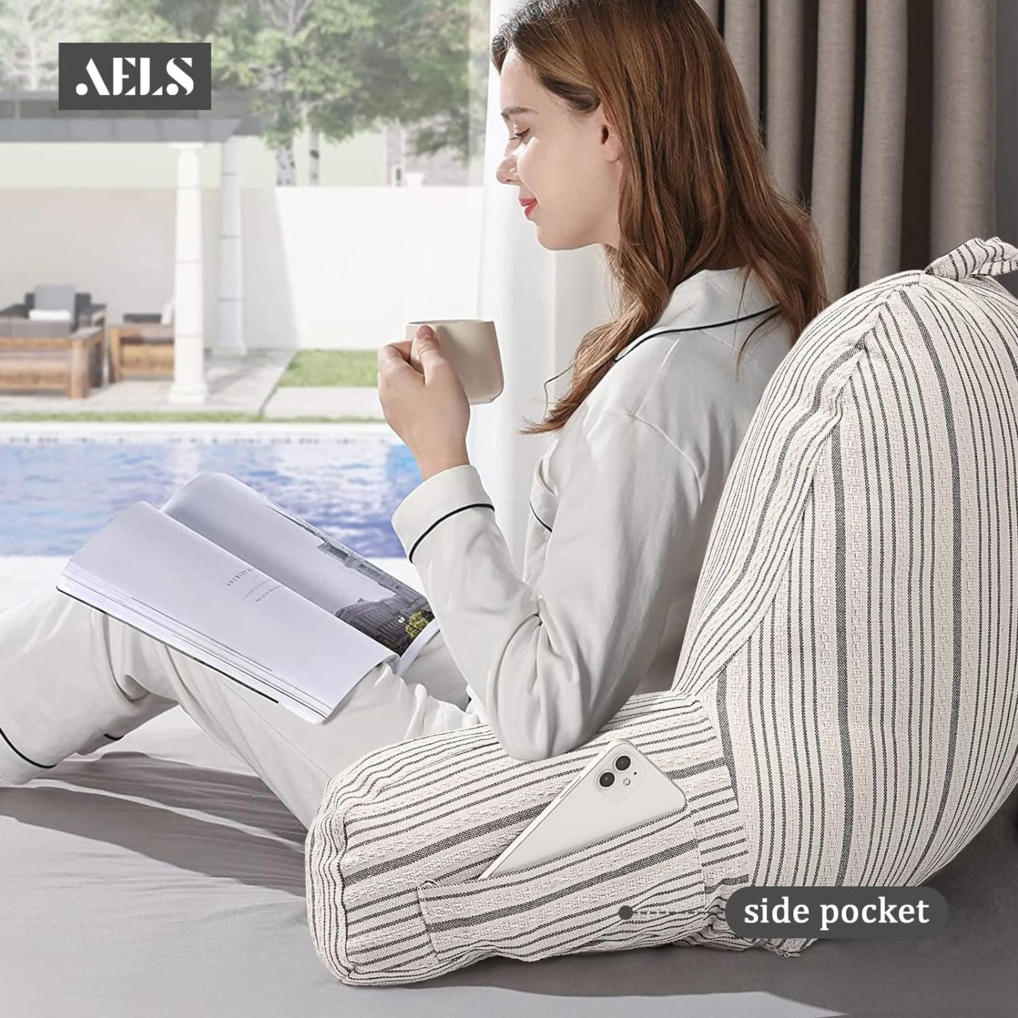 AELS Large Reading Pillow Replacement Cover with Arms and Pockets, 18" Beige with Gray Stripes Textured Linen Backrest Pillow Cover Fits Standard Size Pillows (Cover ONLY)