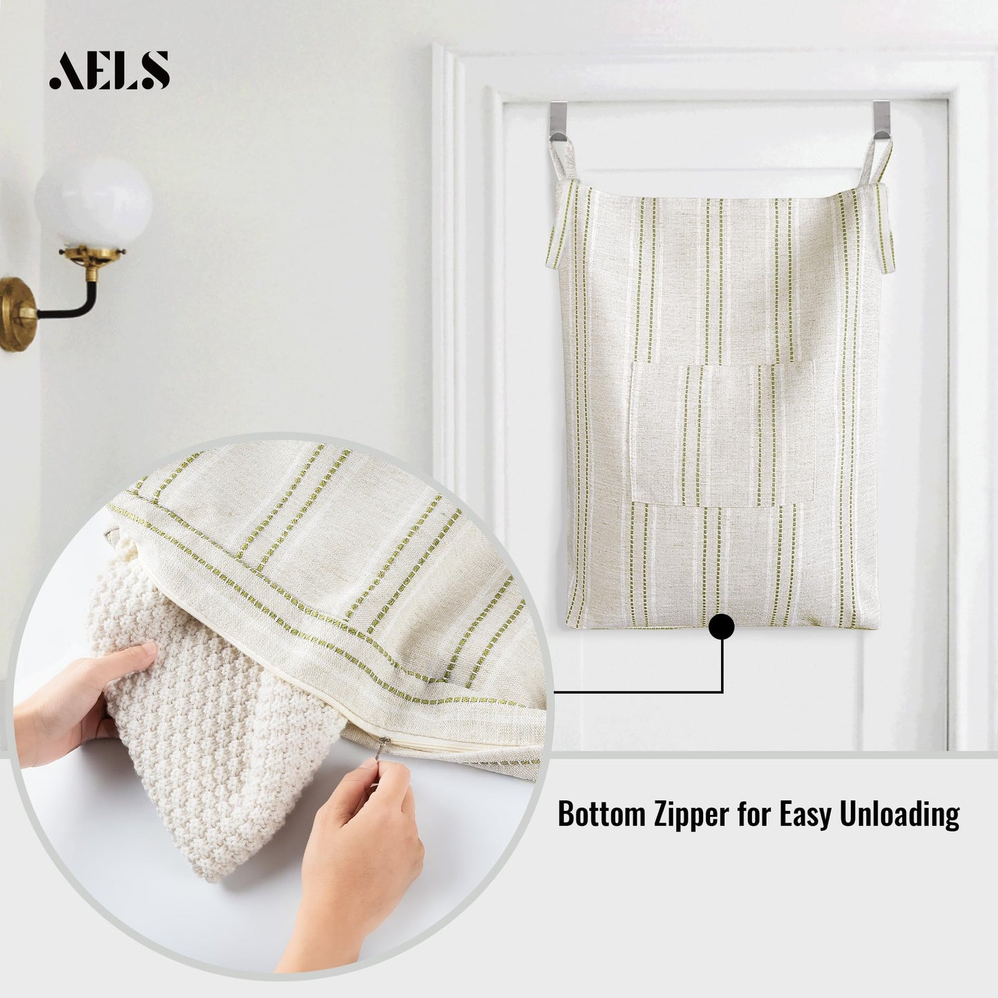 AELS Farmhouse Hanging Laundry Hamper with 2 Hooks, Washable Beige & Stripes Laundry Bag with Zipper & Wide Open Top, Over the Door Organizer for Dirty Clothes, Space Saving Storage